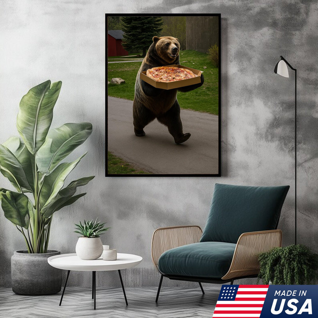 Funny Bear Pizza Canvas Wall Art, Humorous Kitchen Foodie Decor Print