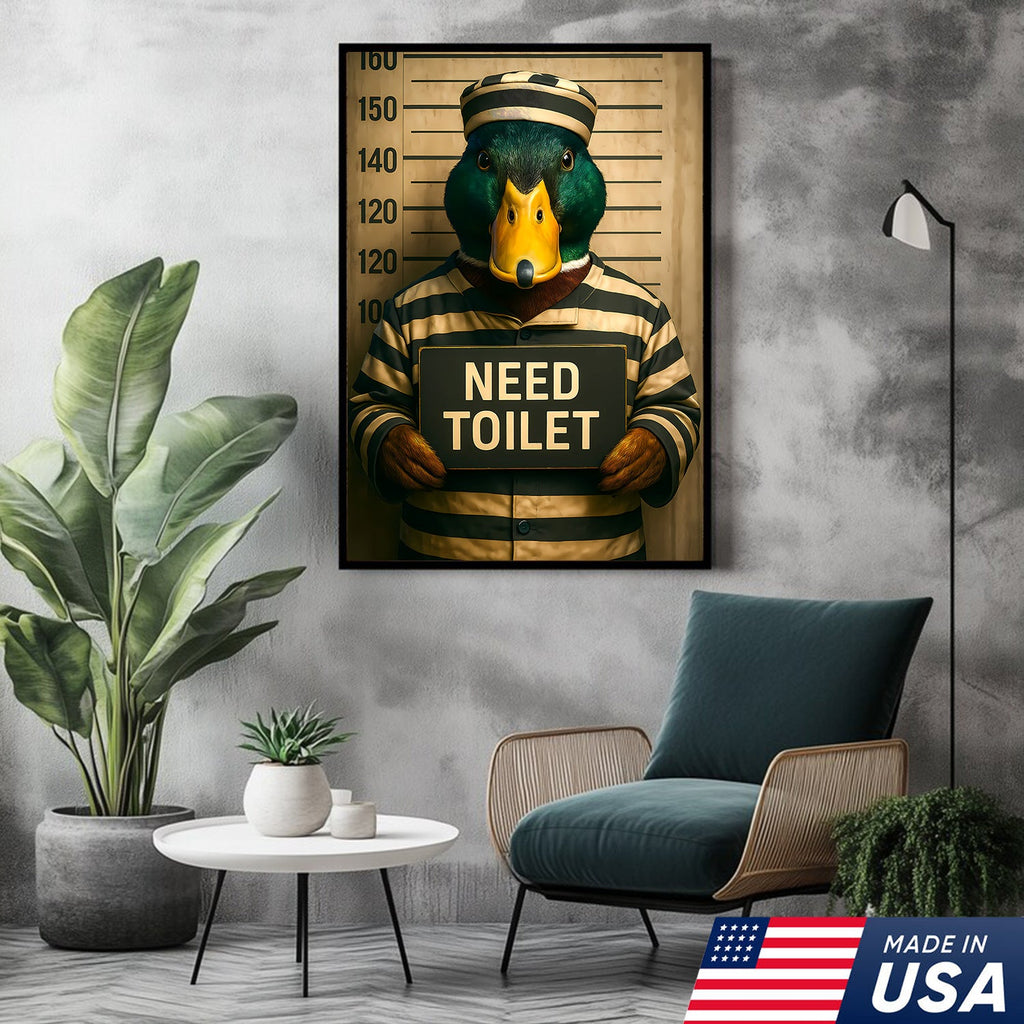 Funny Duck Mugshot Canvas – Bathroom Wall Art for Men, Toilet Humor Decor, Gag Gift Idea