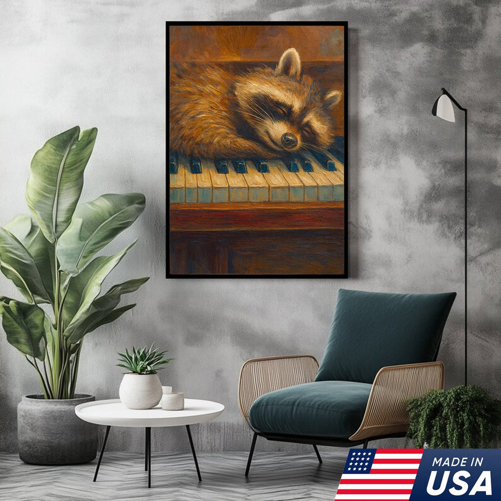 Sleeping Raccoon Wall Art Canvas - Cozy Animal Wall Decor, Cute Raccoon Painting