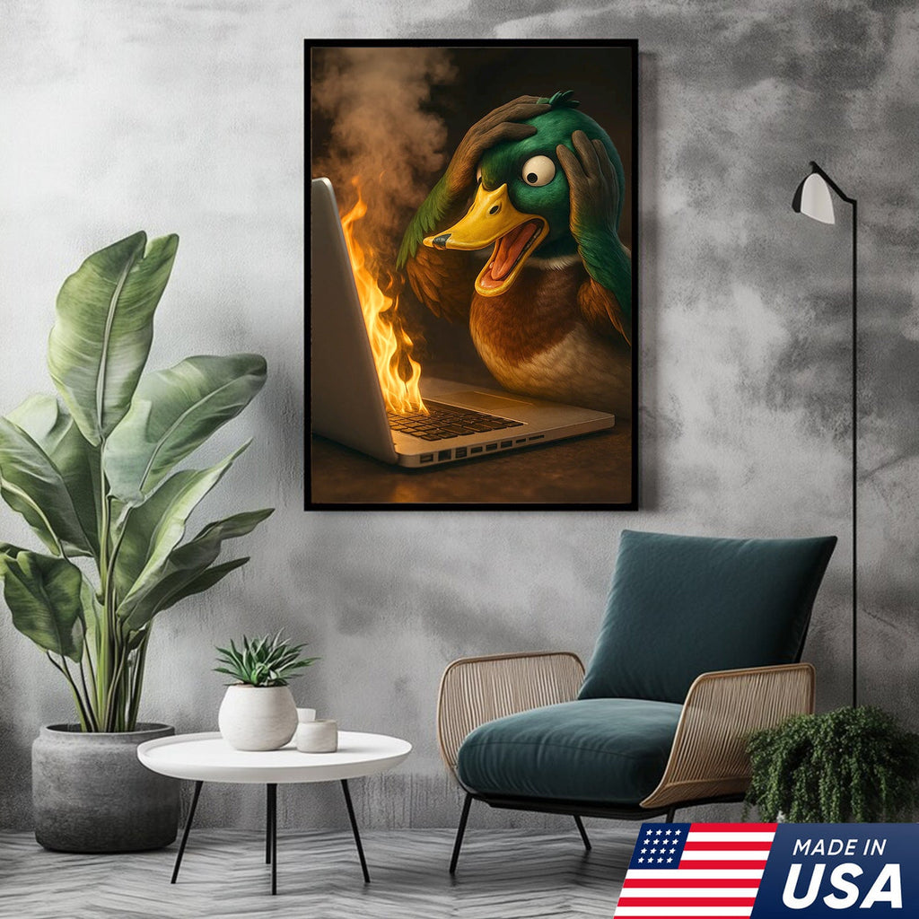 Funny Duck Screaming at Burning Laptop Canvas Wall Art, Hilarious Tech Fail Gift