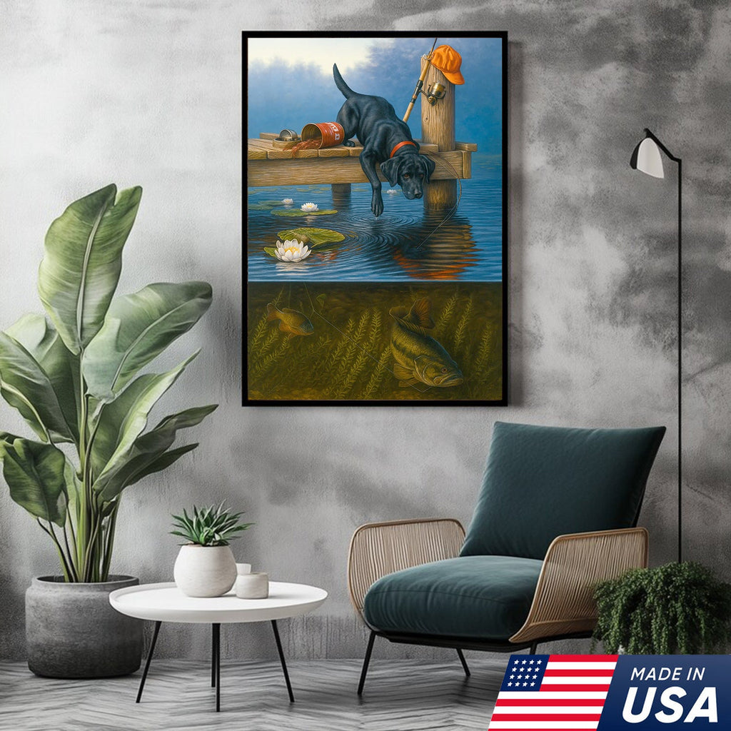 Black Lab Fishing Dock Canvas Wall Art, Lake House Decor, Bass Fish Underwater Split View