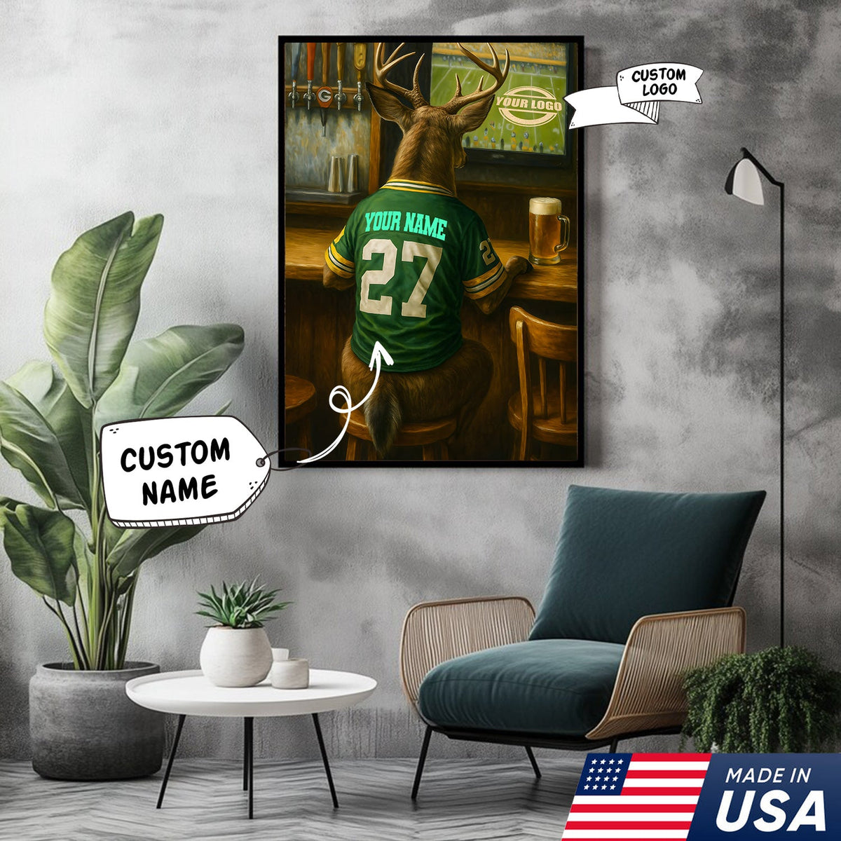 Custom Deer Football Canvas Wall Art – Personalized Deer Watching Sports Drinking Funny Sports Bar Decor