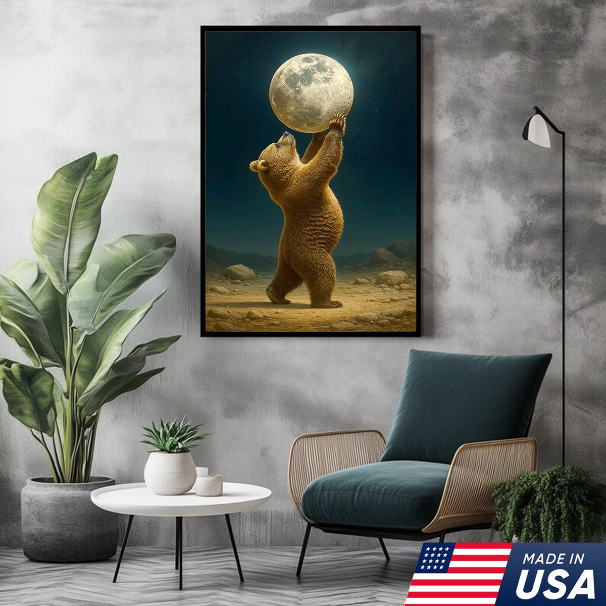 Bear Holding Full Moon Canvas Wall Art, Surreal Night Sky Decor, Rustic Cabin Nature Print