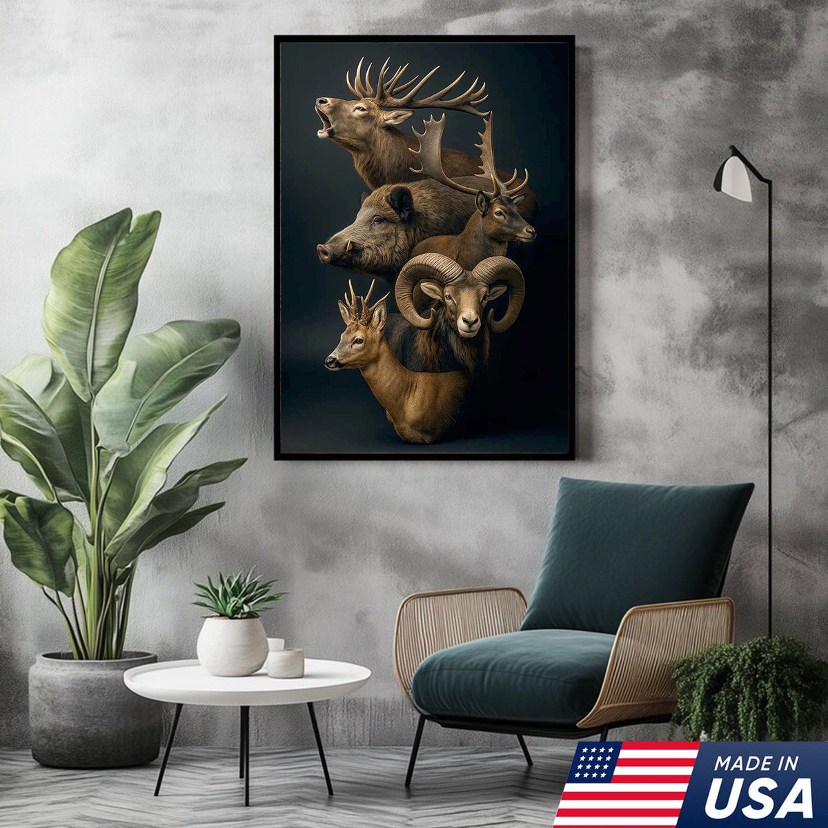 Wild Game Animal Canvas Wall Art, Deer Boar Ram Elk Artwork, Rustic Cabin Decor for Hunters