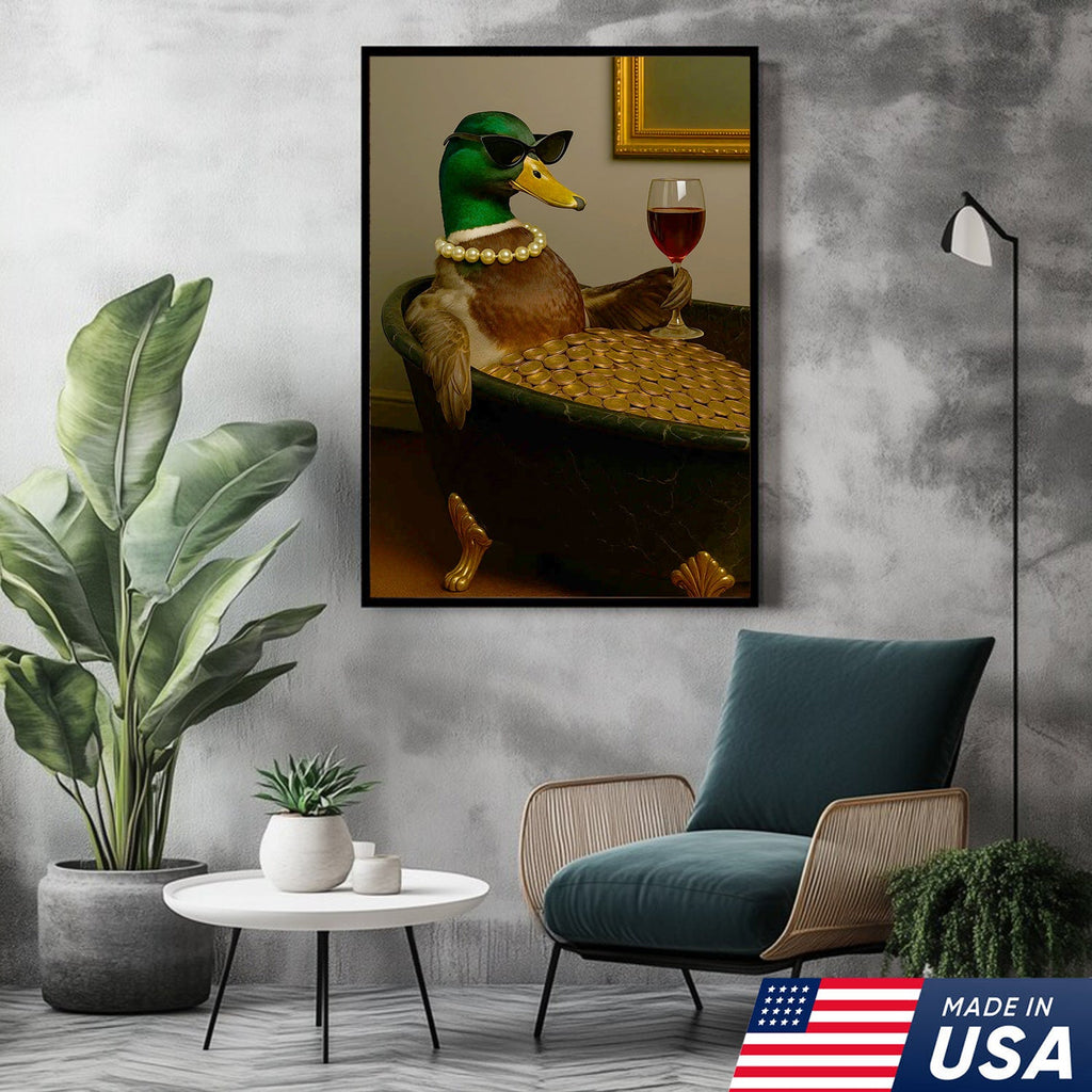 Luxury Duck Canvas Art – Funny Rich Duck in Gold Bathtub, Glam Animal Portrait Wall Decor