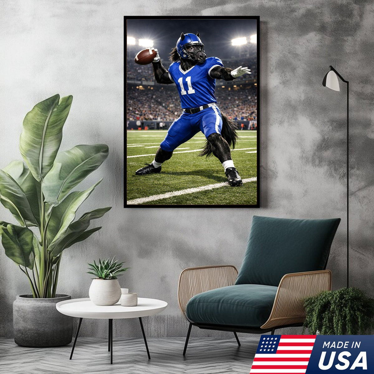 Power Stallion Quarterback Canvas Wall Art – Blue Uniform Horse Athlete Action Print
