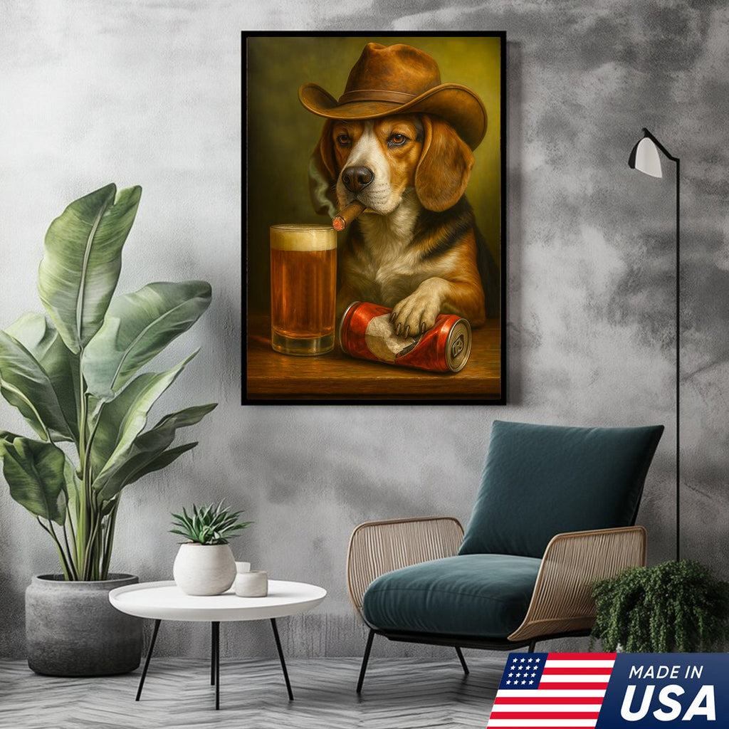 Funny Cowboy Dog Canvas Wall Art - Rustic Bar Wall Art Gift for Hunters, Outdoorsmen & Man Caves