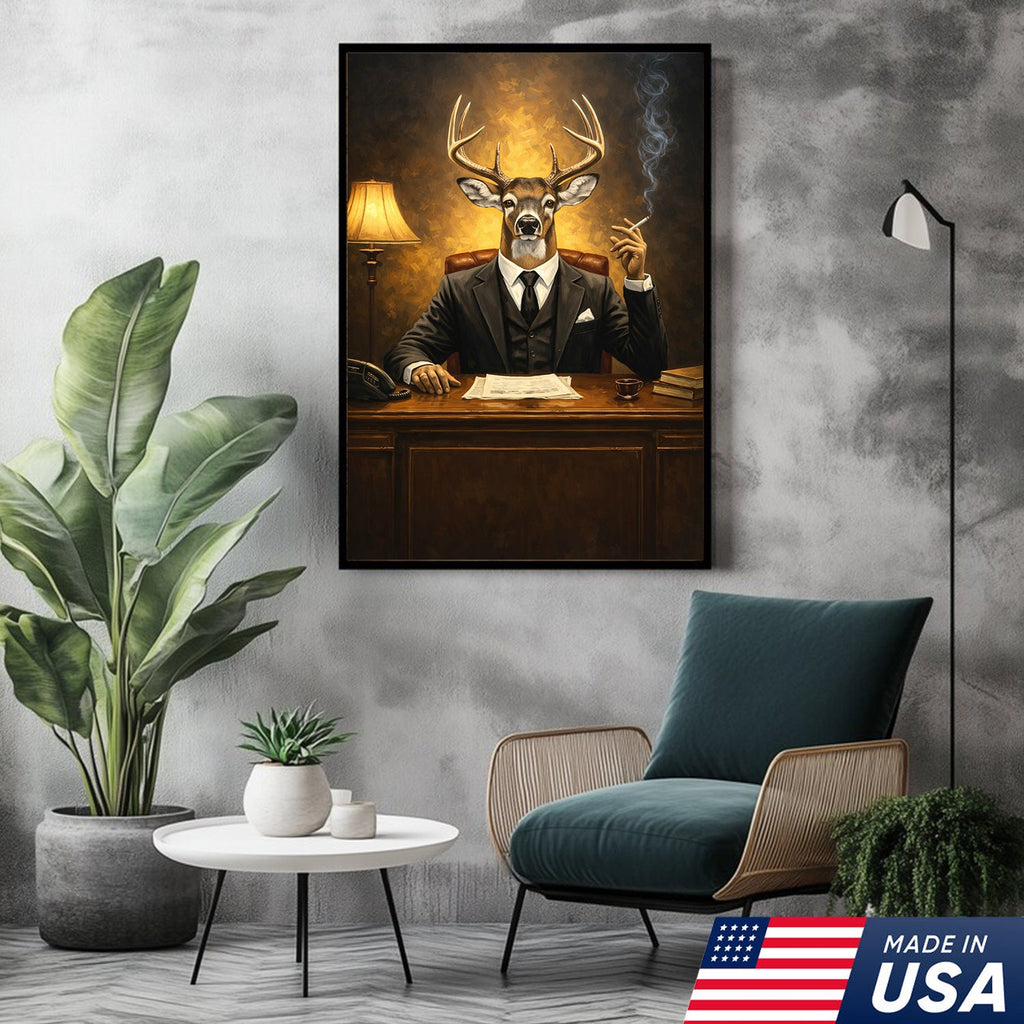 Anthropomorphic Deer Businessman Canvas Wall Art, Surreal Animal Portrait Artwork