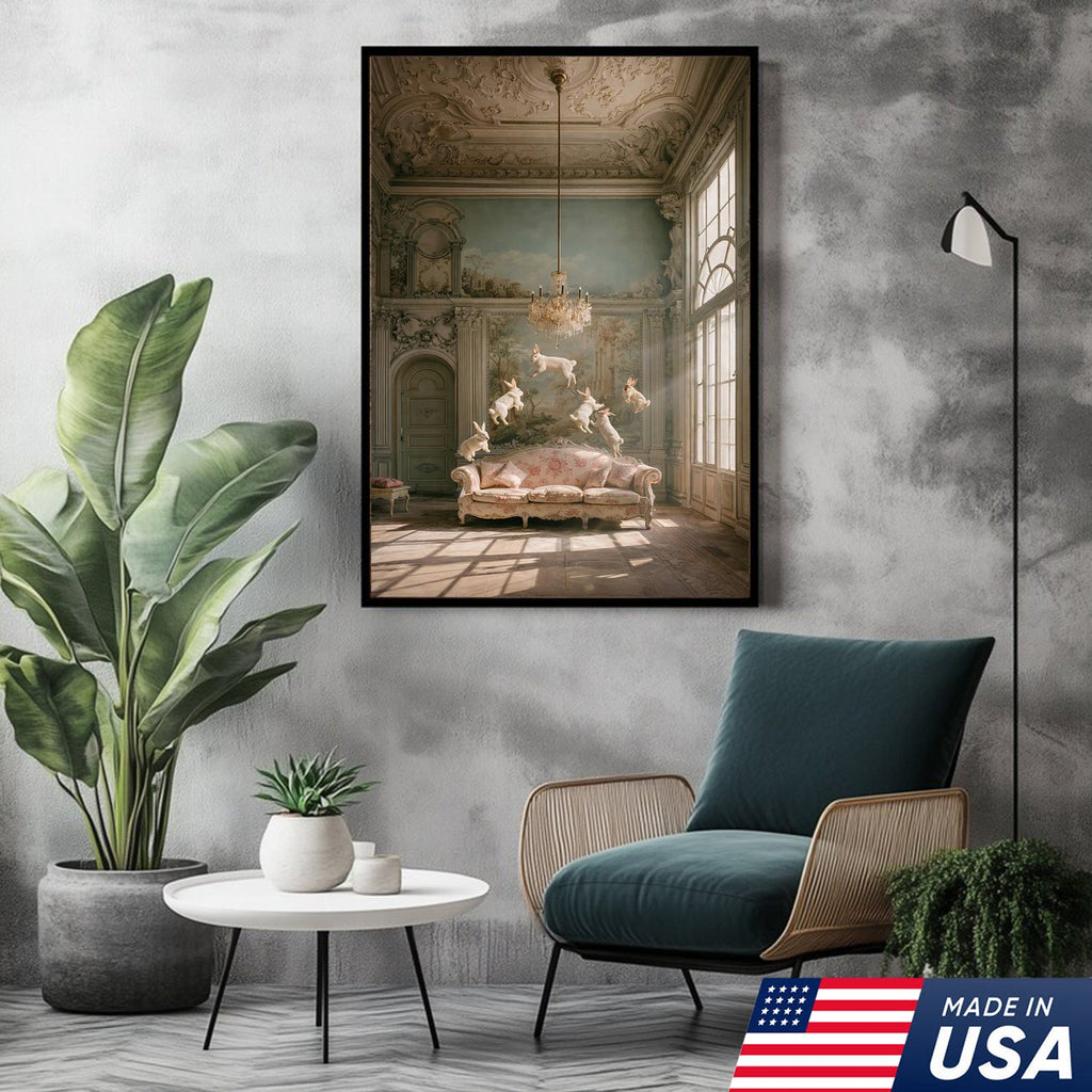 Surreal Floating Rabbits Canvas Wall Art, Dreamy Bunny Dance in Elegant Palace Interior