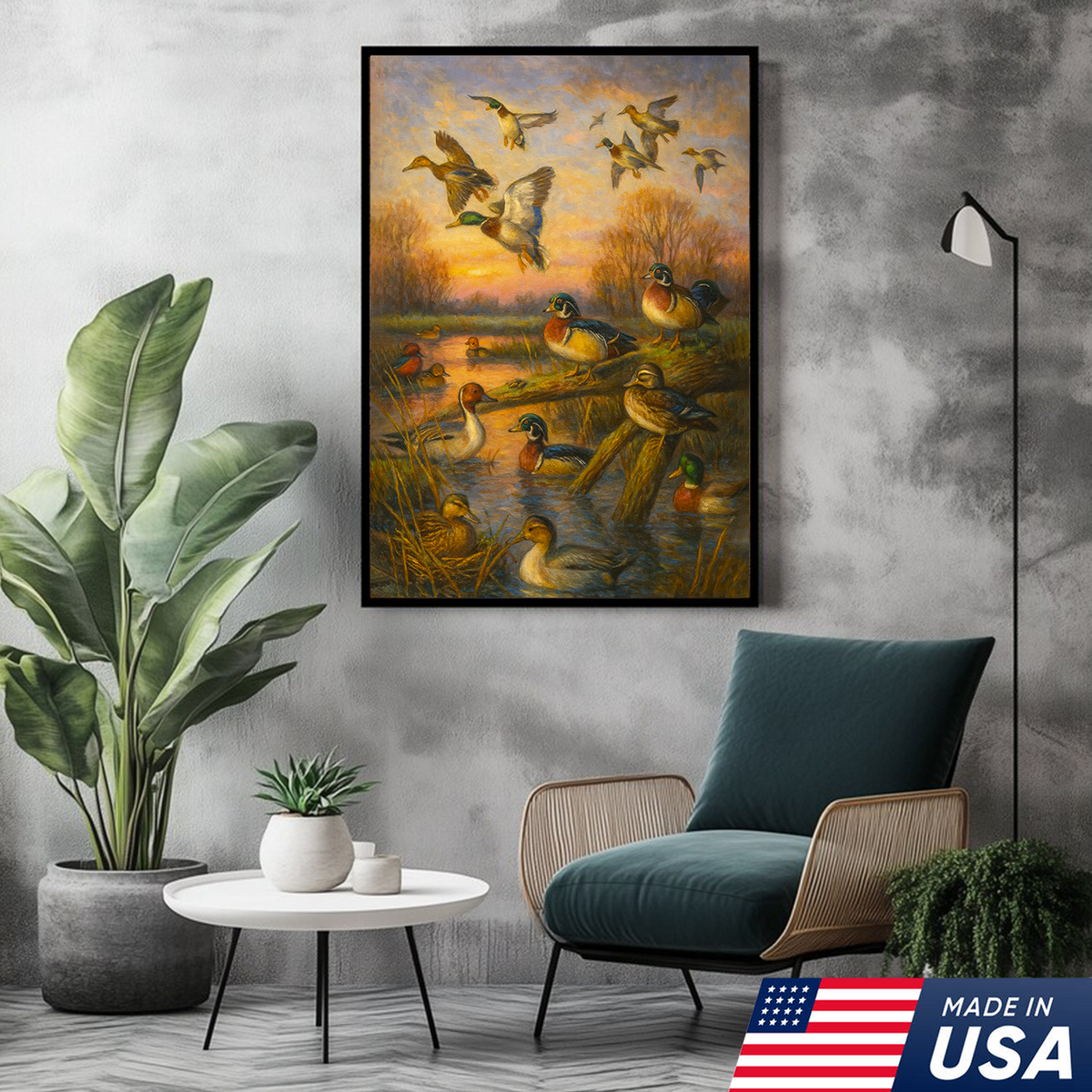 Duck Hunting Canvas Wall Art – Oil Painting Style Waterfowl at Sunset Rustic Lodge Decor
