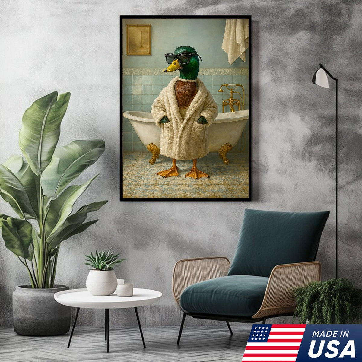 Bathrobe Duck Canvas Art – Cool Duck in Cozy Robe with Sunglasses