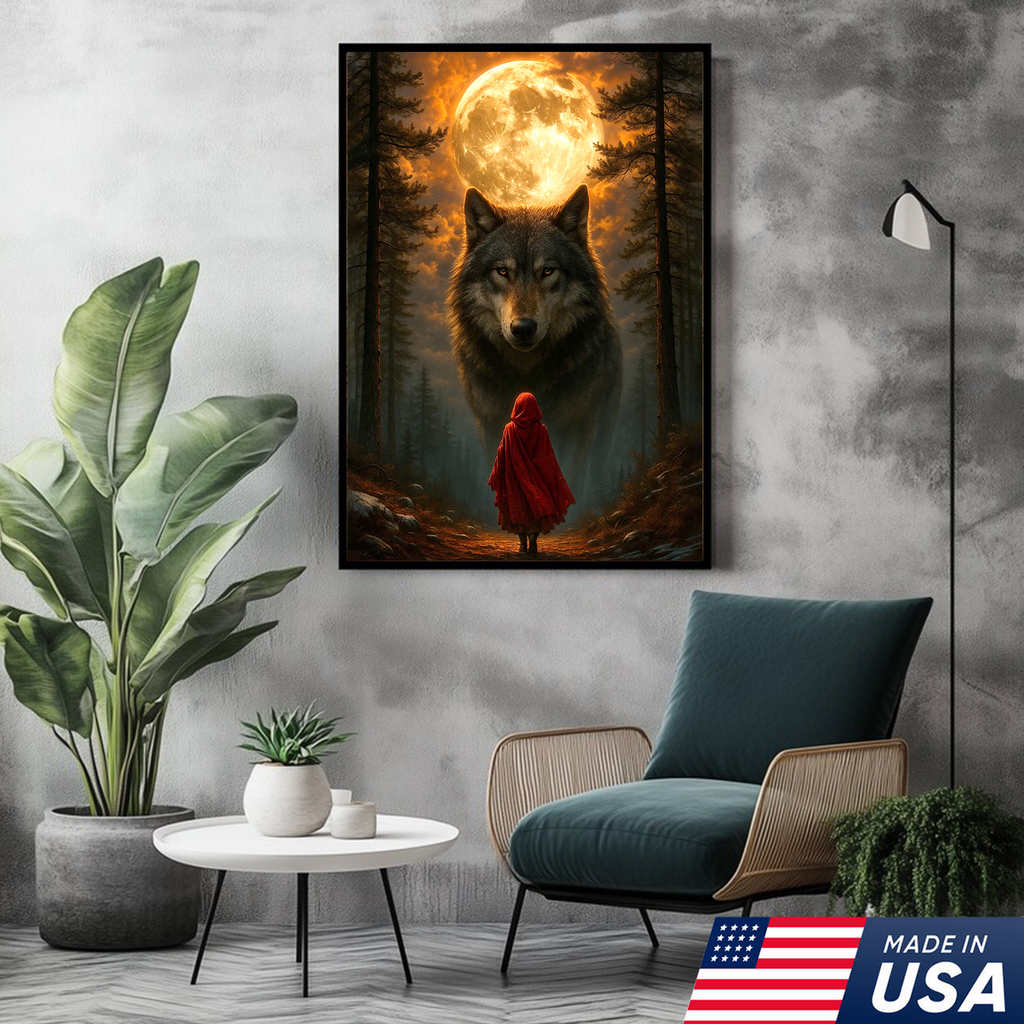Wolf and Little Red Riding Hood Canvas Wall Art – Fantasy Moonlit Forest Scene