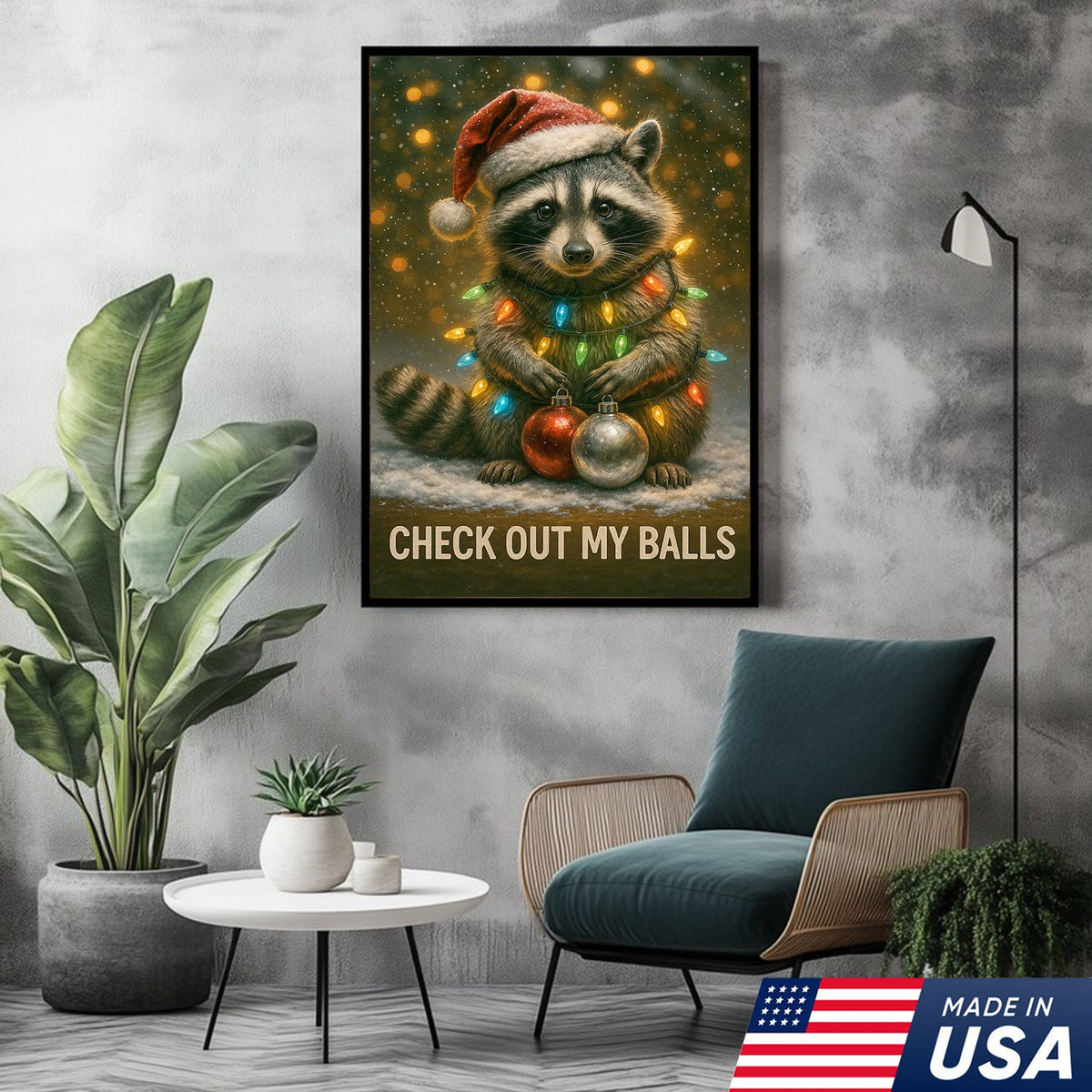 Funny Christmas Raccoon Canvas Art – Cute Holiday Raccoon with Lights & Ornaments
