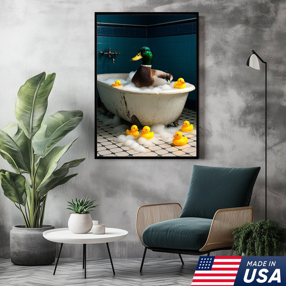 Bubble Bath Duck Canvas Art – Funny Duck in Foamy Tub with Rubber Ducklings