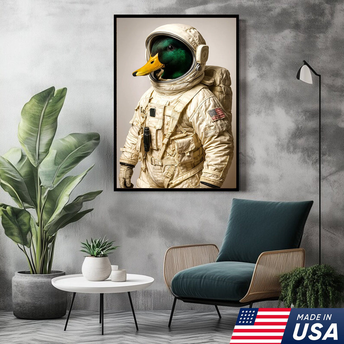 Astronaut Duck Canvas Art – Space Explorer Duck in Full Spacesuit, Whimsical Animal Wall Decor