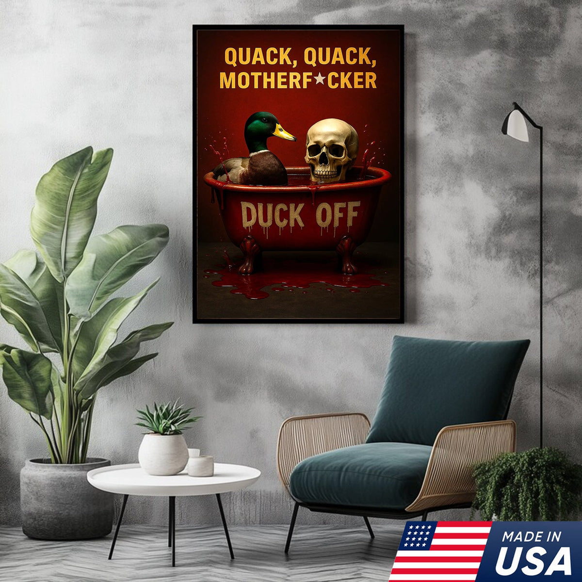 Dark Humor Duck Canvas Art – Savage Duck in Bloody Tub with Skull, Horror-Style “Duck Off” Wall Decor