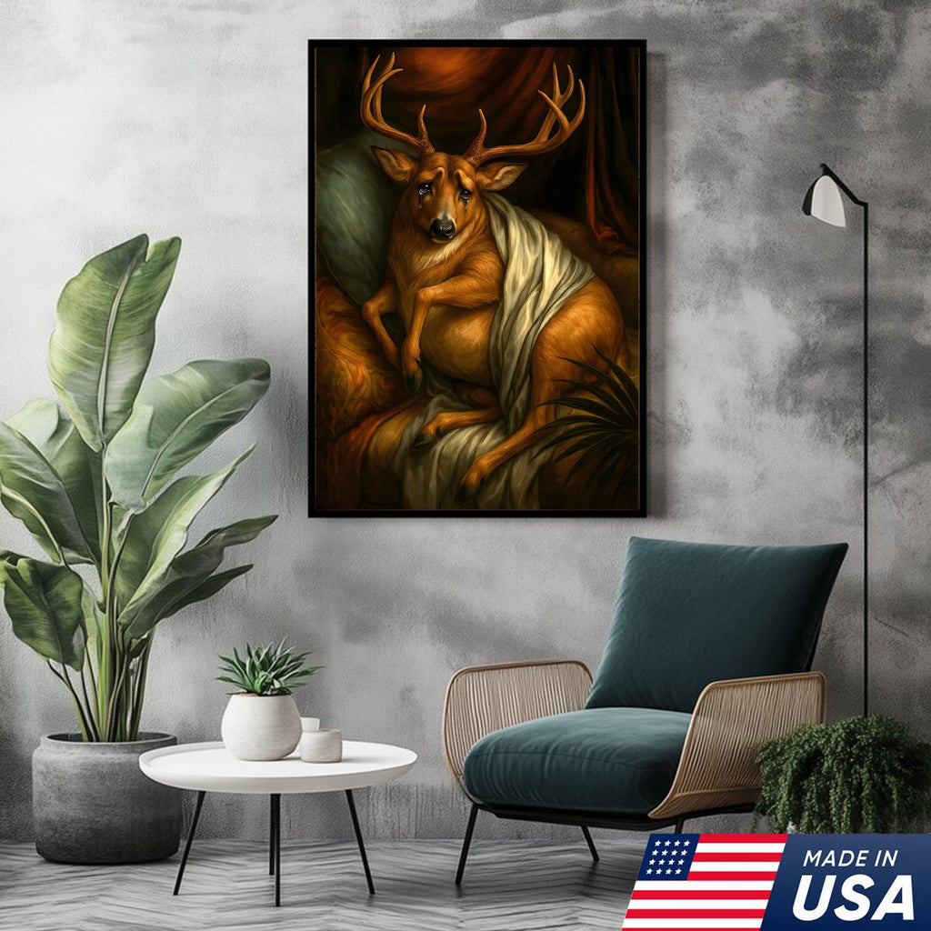 Funny Deer Portrait Canvas Wall Art, Renaissance Buck Painting with Draped Cloth