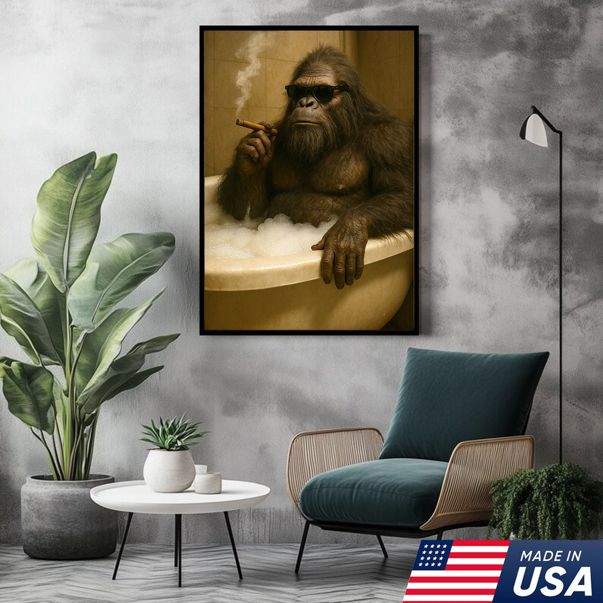 Funny Bigfoot Smoking Canvas Wall Art – Cool Bathtub Scene Gift for Hunters & Outdoorsmen