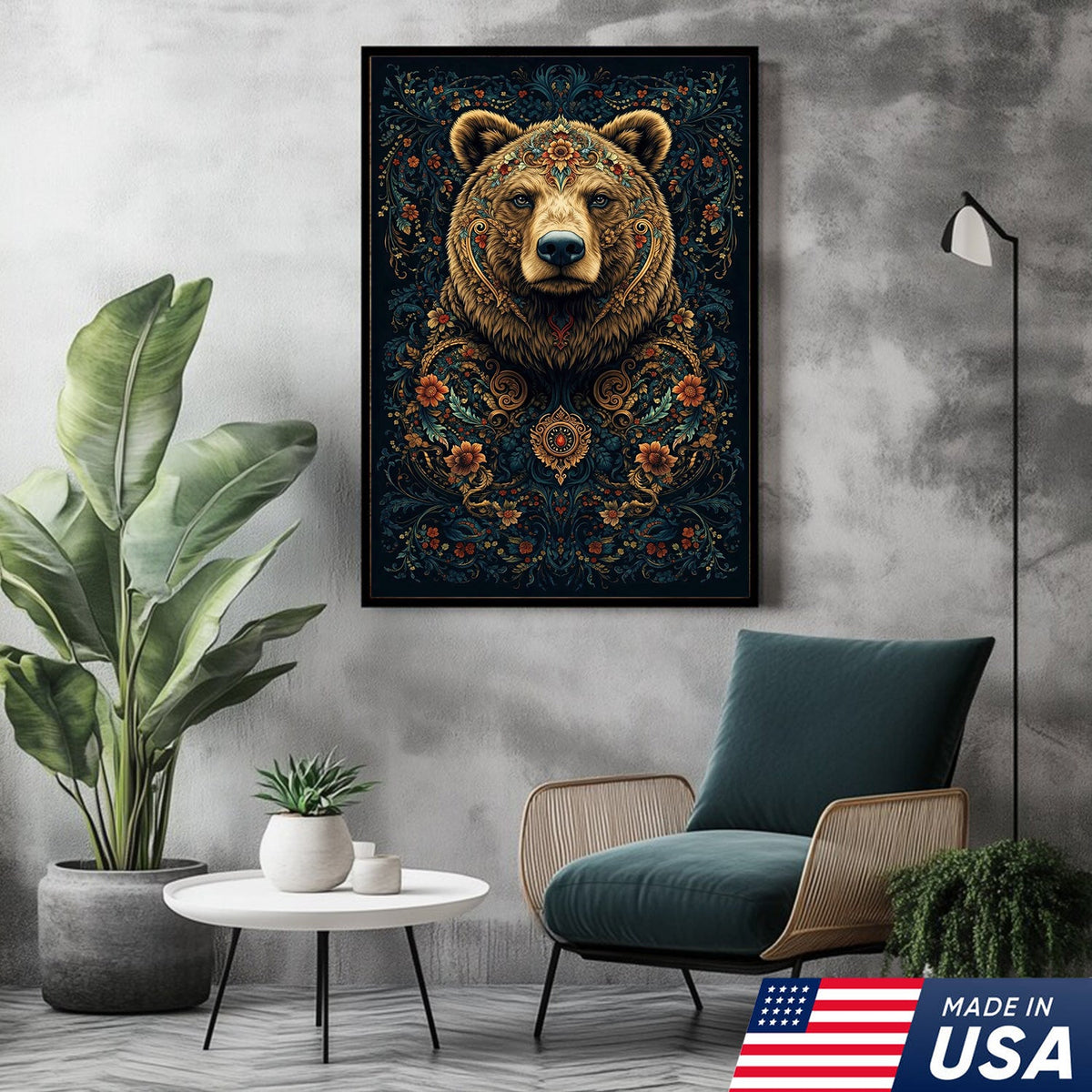Ornate Floral Bear Canvas Wall Art, Majestic Bear Portrait with Decorative Pattern