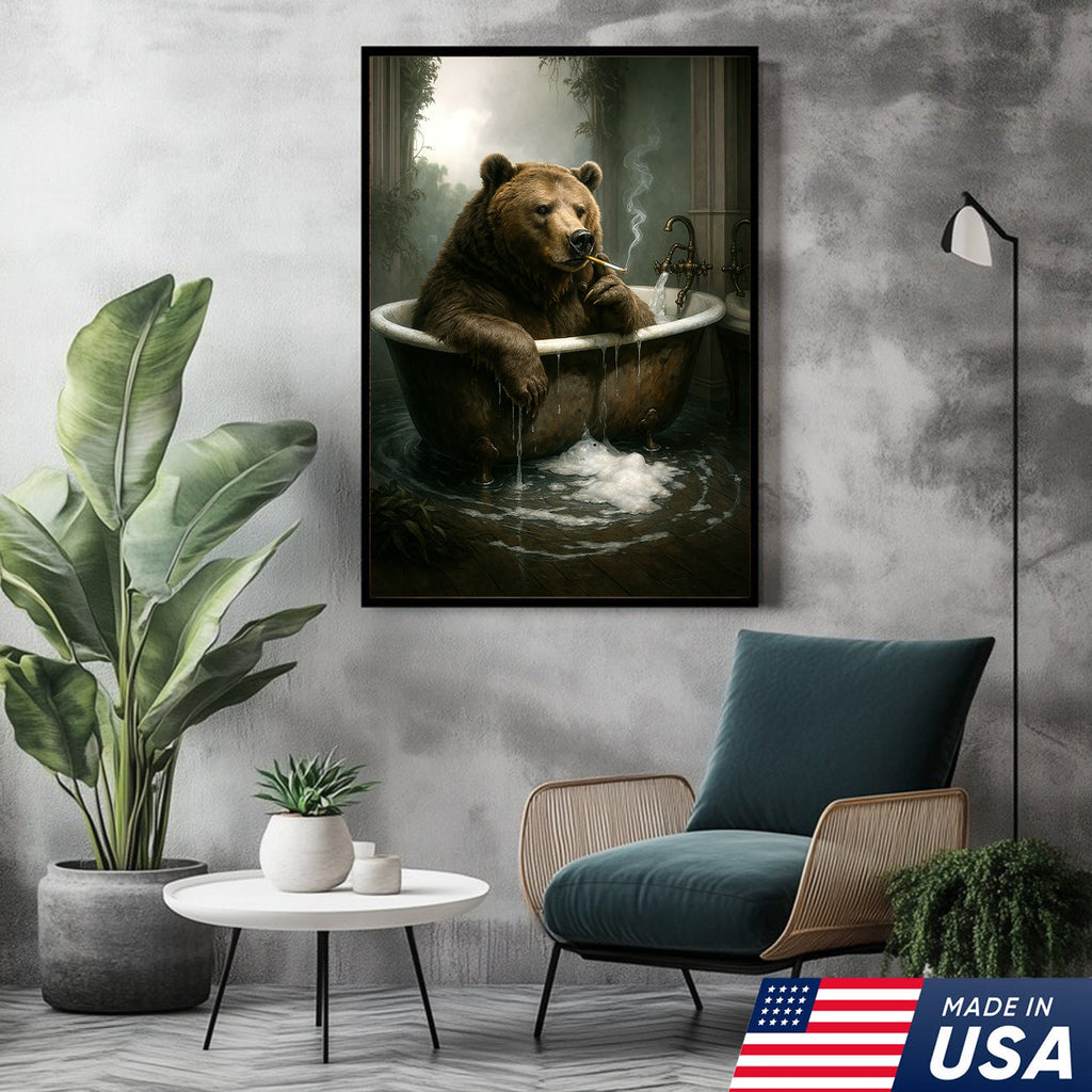 Smoking Bear in Bathtub Canvas – Surreal Rustic Wall Art for Man Cave & Lodge Decor