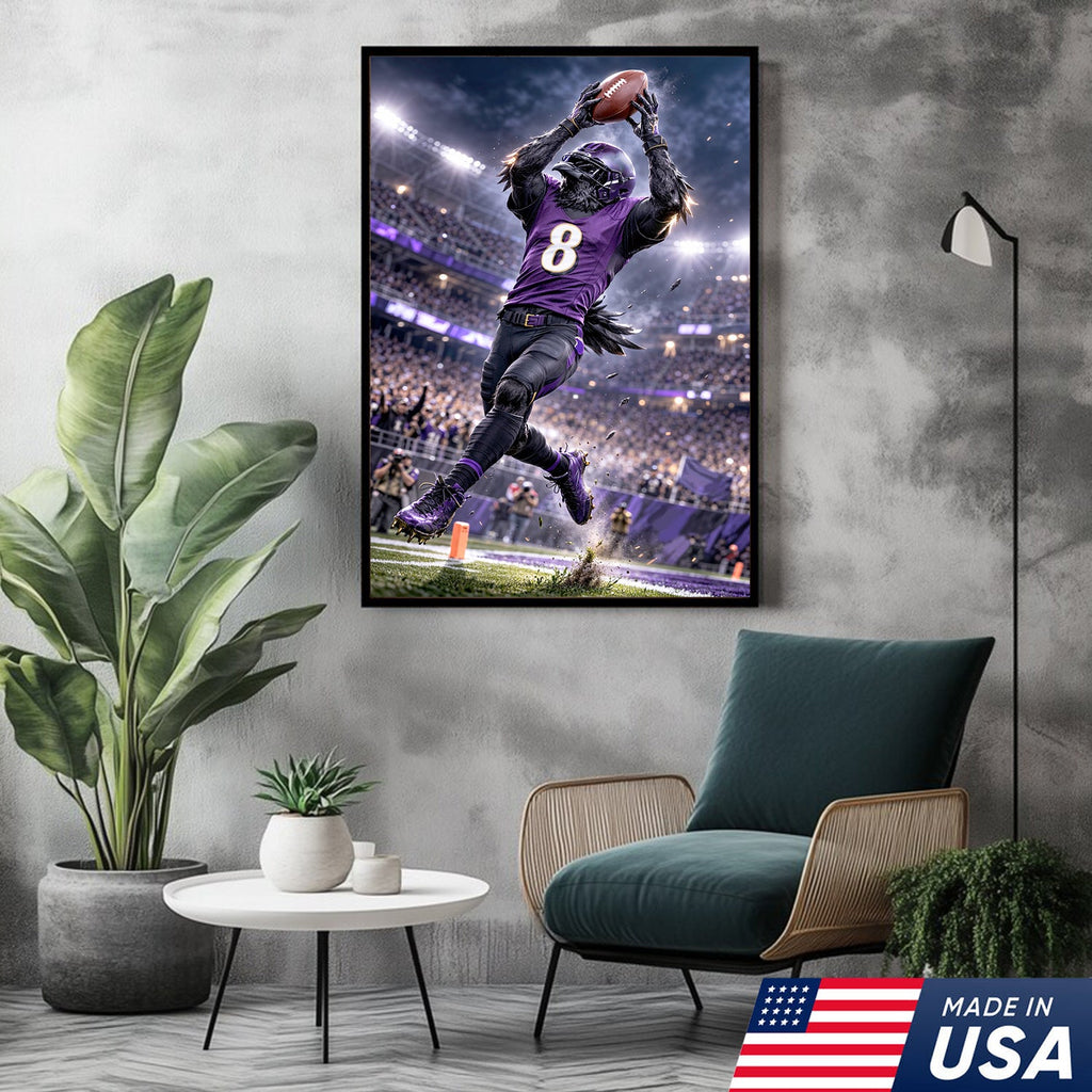 Raven Football Player Canvas Wall Art – Purple Stadium Touchdown Action Print