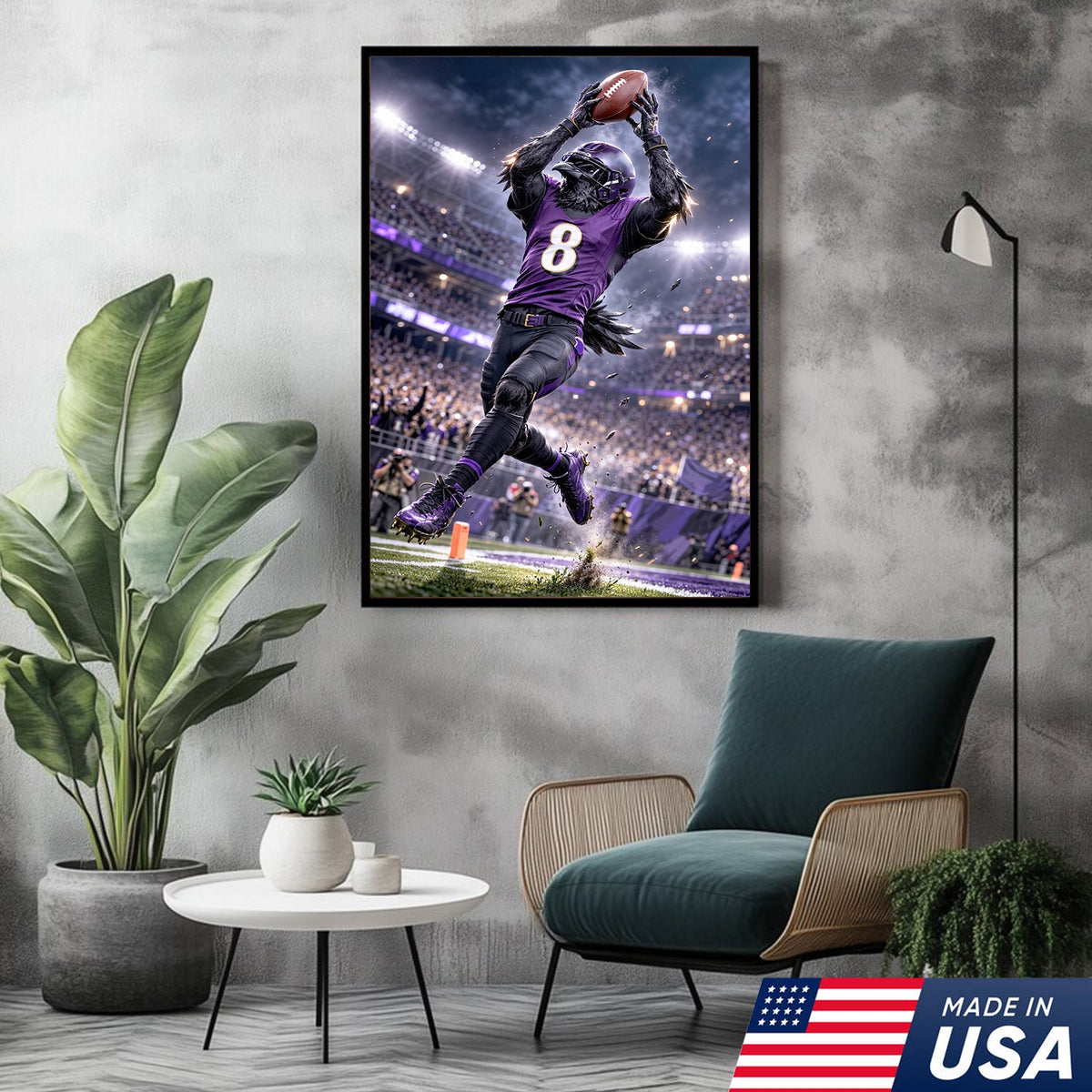 Raven Football Player Canvas Wall Art – Purple Stadium Touchdown Action Print