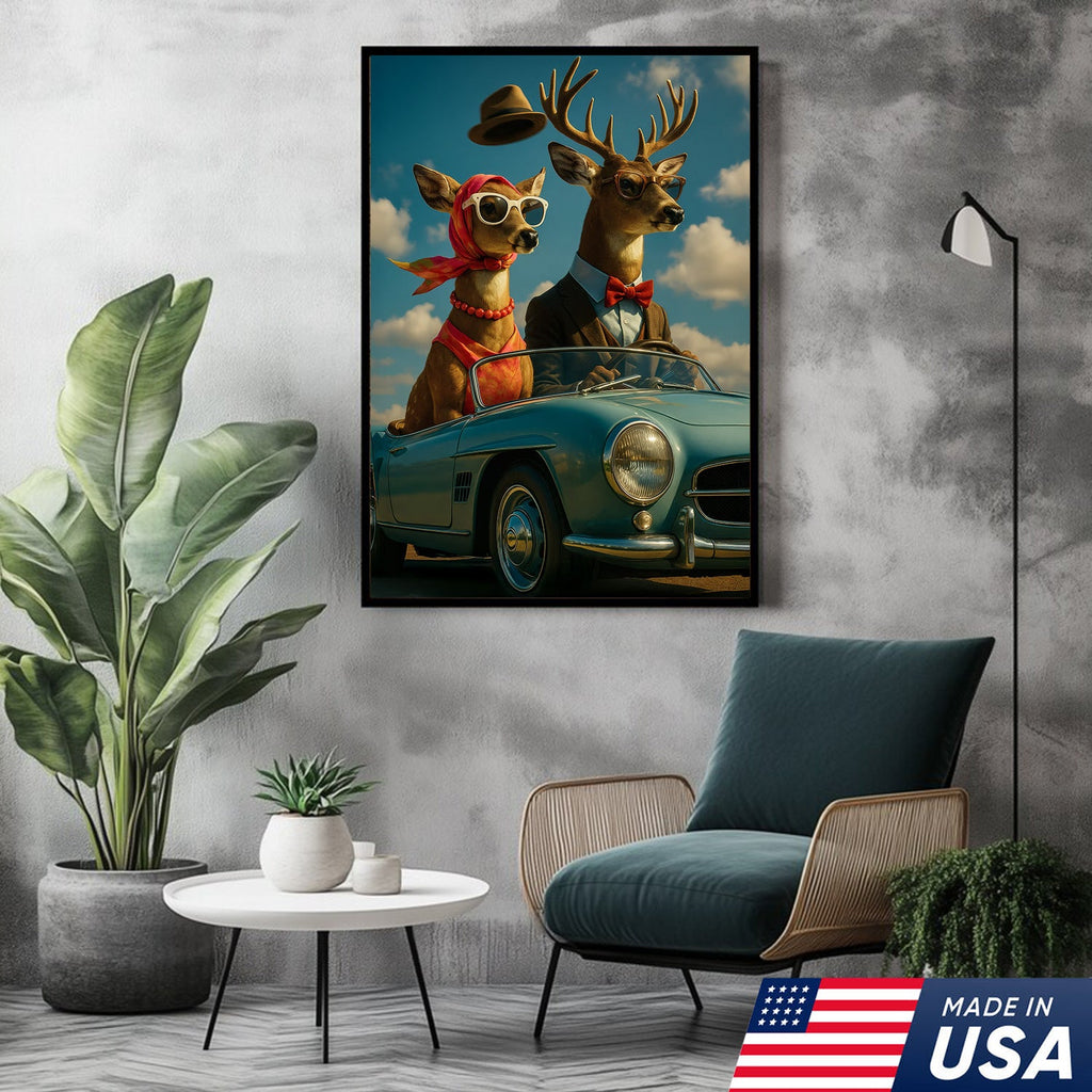 Retro Deer Couple Driving Canvas – Funny Buck & Doe in Convertible, Vintage Wall Art