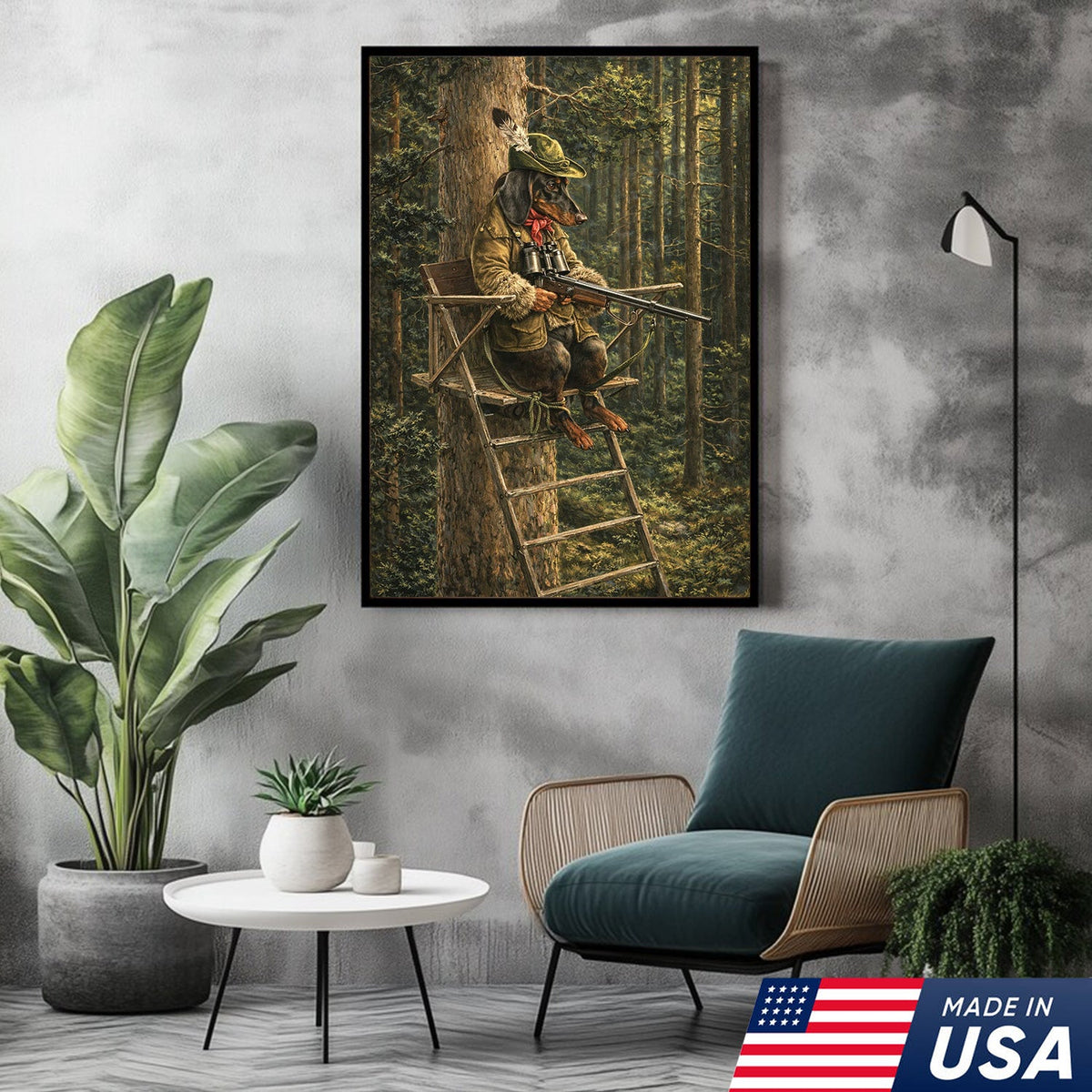 Funny Hunting Dog Wall Art, Dachshund Hunter Tree Stand Canvas