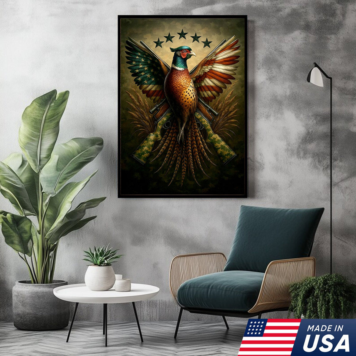 American Flag Pheasant Canvas Wall Art, Patriotic Hunting Decor for Men, Rustic Cabin Artwork