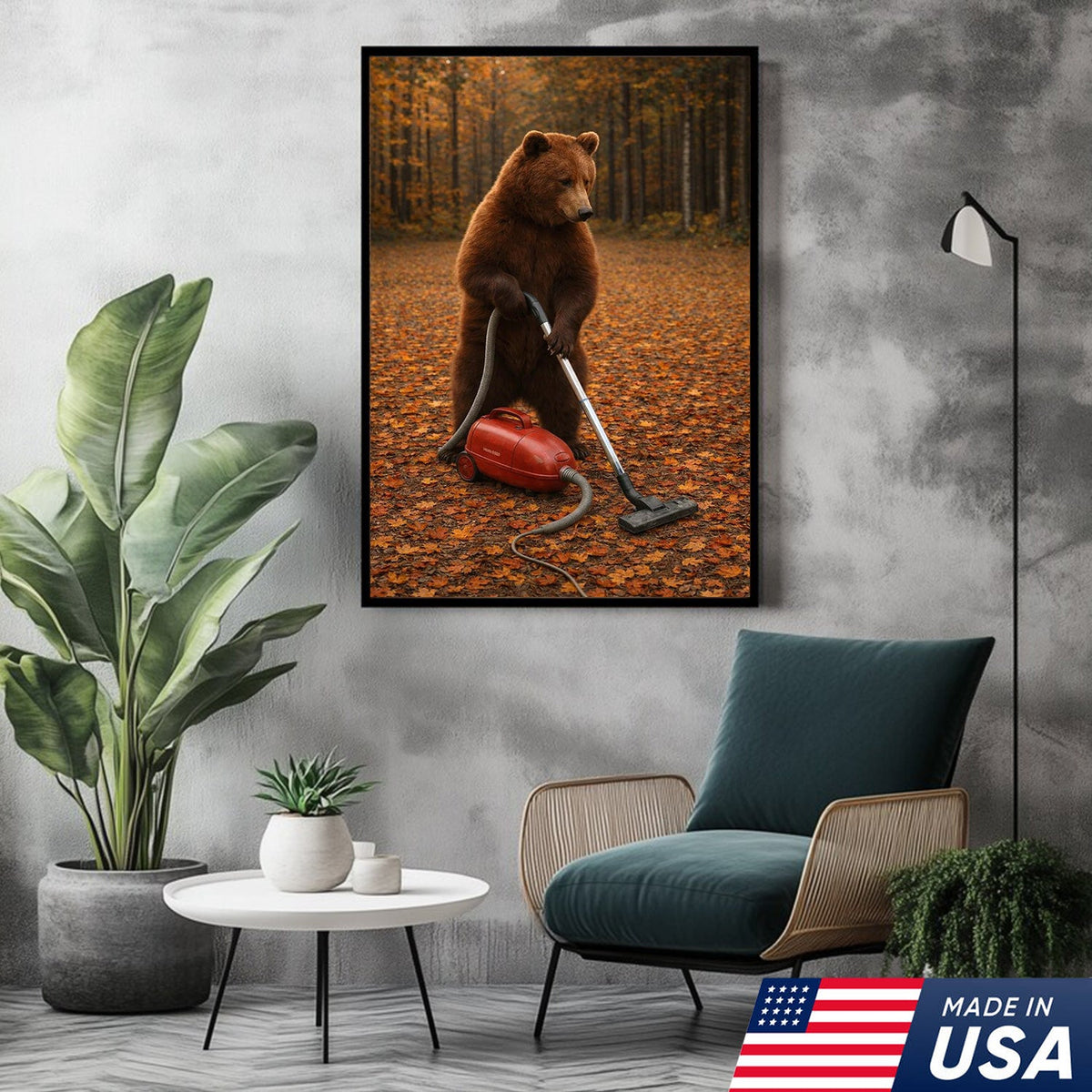 Funny Bear Vacuuming Leaves Canvas Wall Art, Whimsical Autumn Animal Humor Print