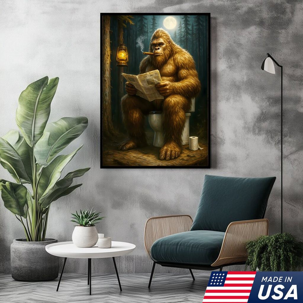 Funny Bigfoot Bathroom Canvas Wall Art, Sasquatch Reading Newspaper Picture