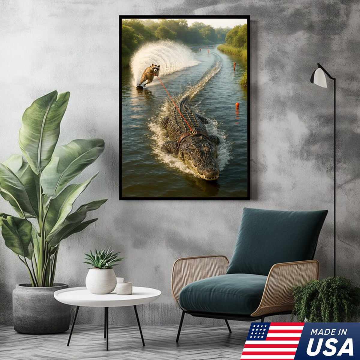 Racoon Water Skiing with Alligator Canvas Wall Art, Funny Animal Adventure Decor