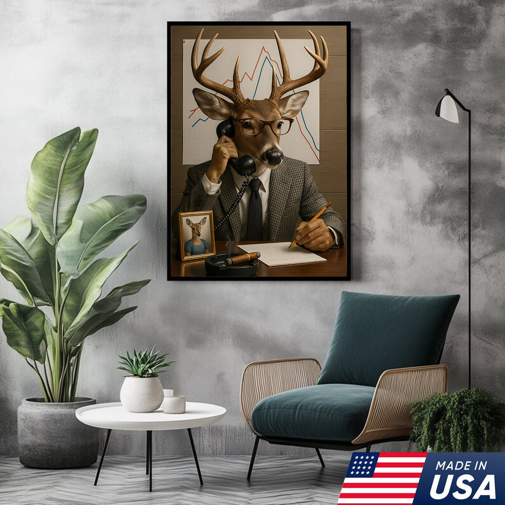 Funny Deer Businessman Canvas, Hilarious Office Buck Wall Art, Quirky Animal Decor for Workspace