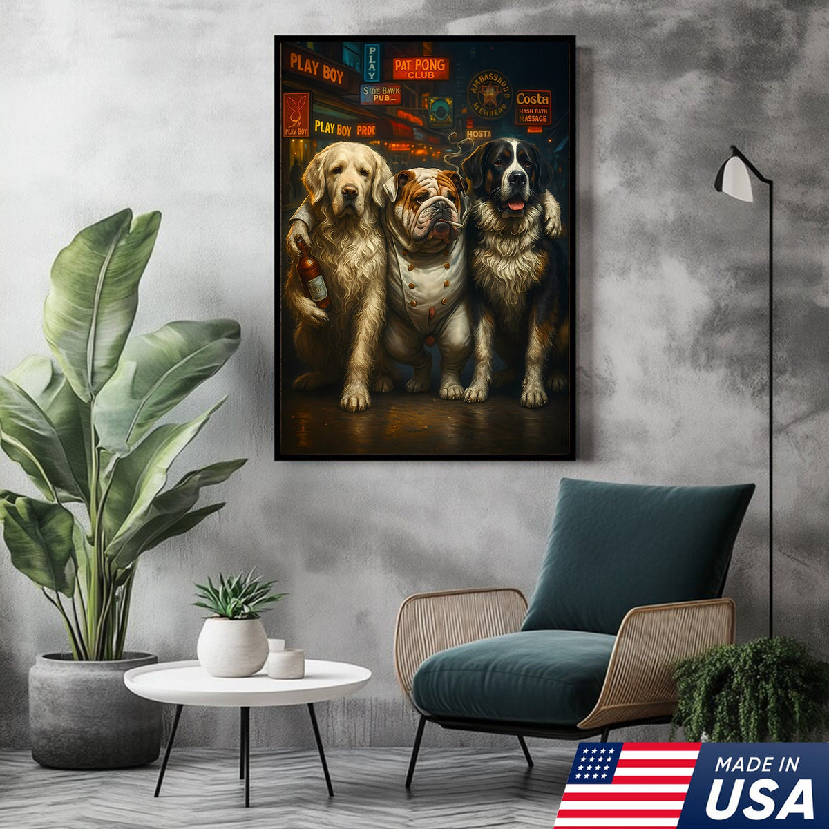 Three Drunk Dogs Canvas – Funny Bar Dog Wall Art for Men’s Room or Home Bar
