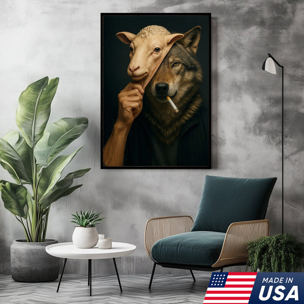Dark Humor Wolf Wall Art — “Wolf in Sheep’s Clothing” Smoking Cigarette Concept Canvas