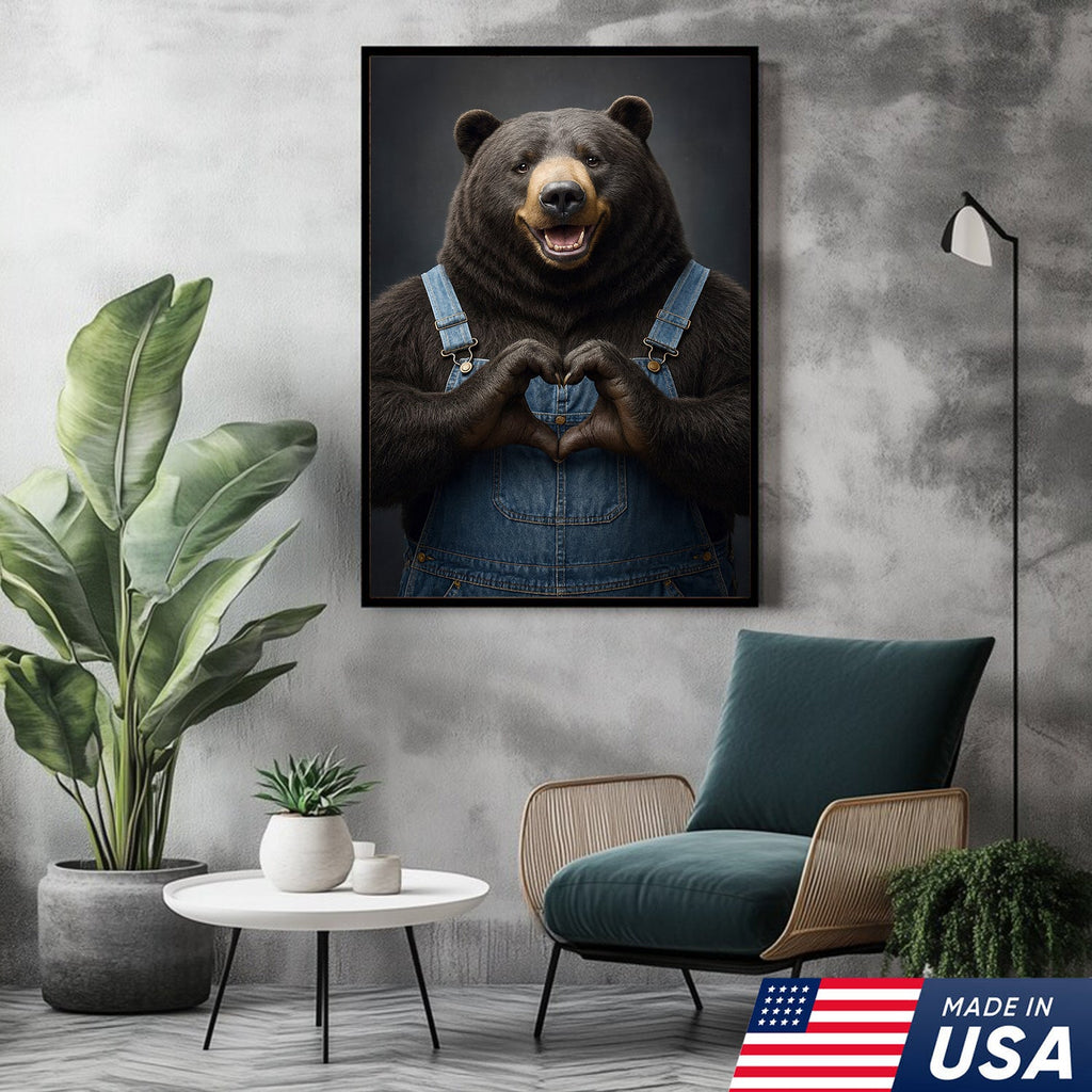 Cute Bear Heart Hands Wall Art Canvas – Whimsical Animal Print for Cabin