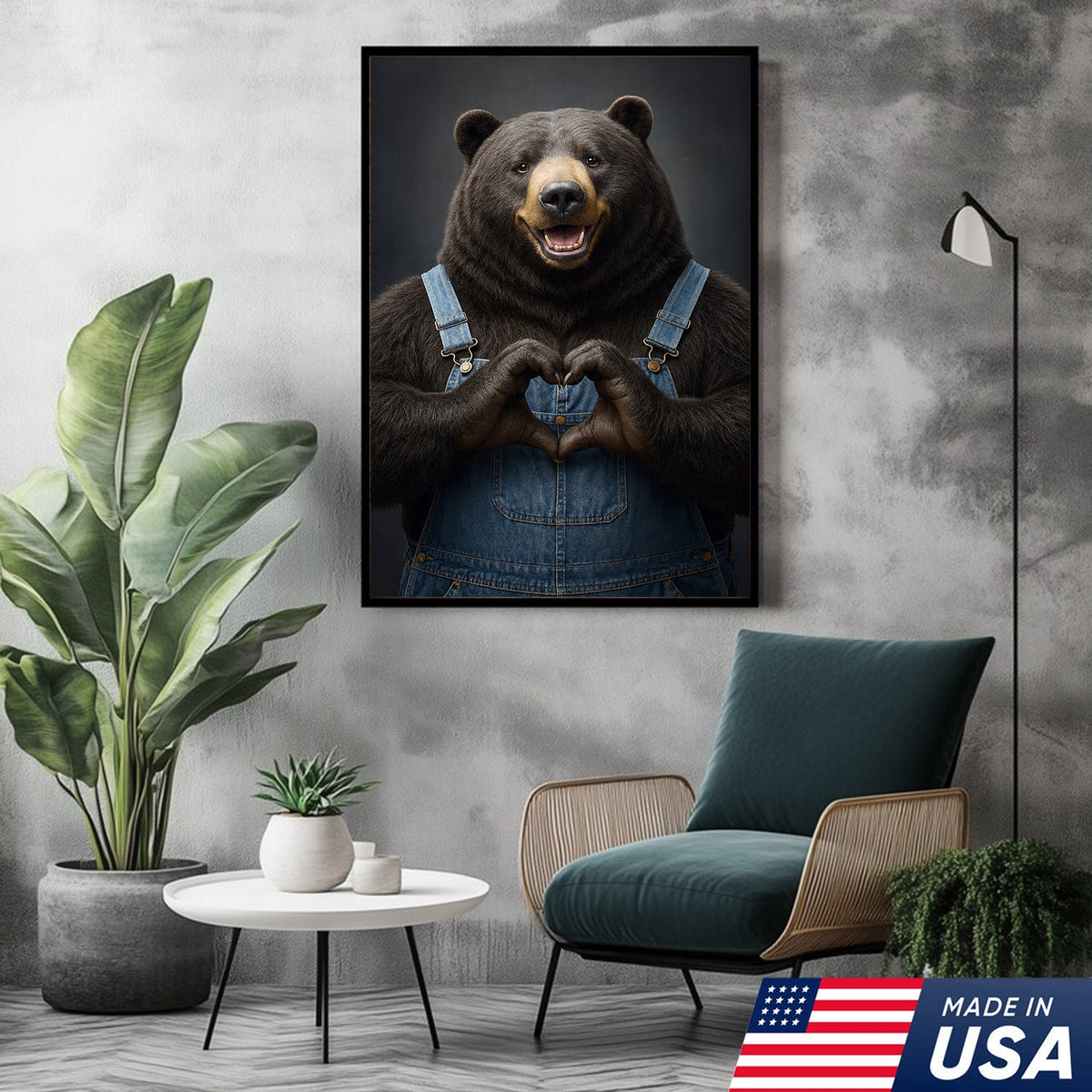 Cute Bear Heart Hands Wall Art Canvas – Whimsical Animal Print for Cabin