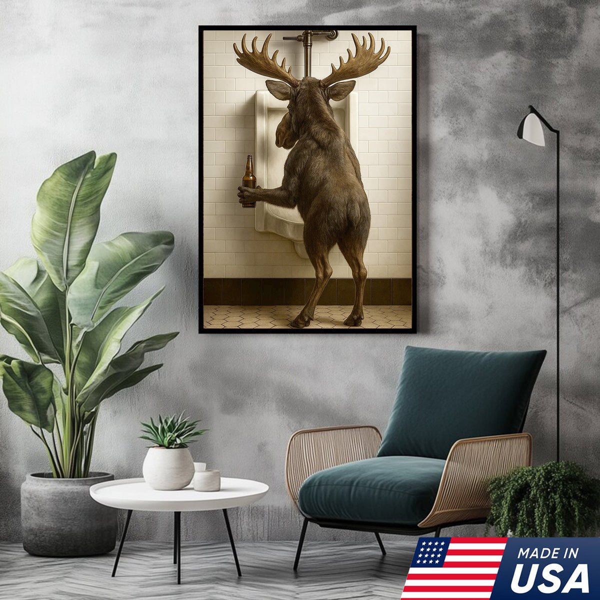 Moose Bathroom Canvas Wall Art - Funny Rustic Lodge Decor for Cabin and Hunting Enthusiasts
