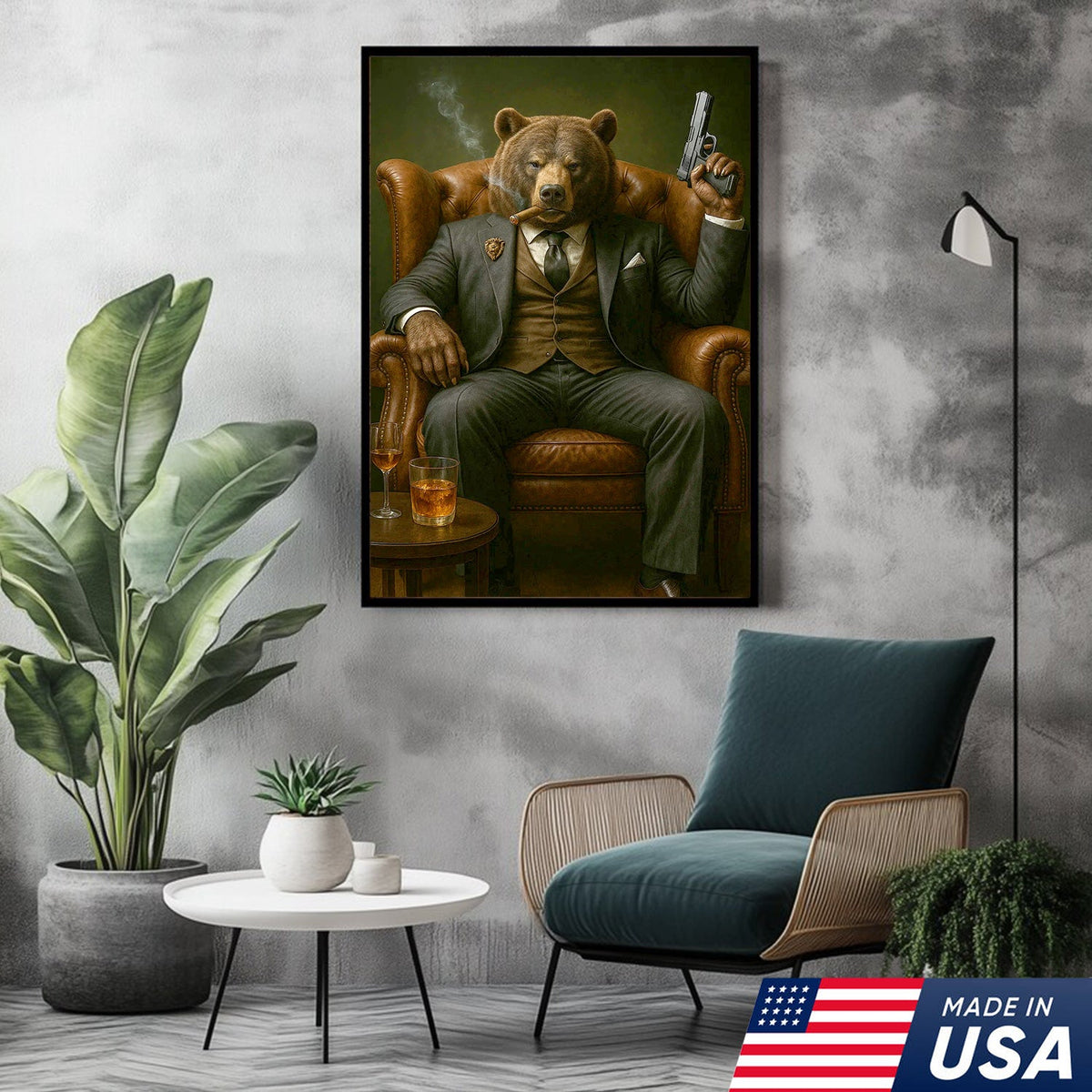 Boss Bear in Tailored Suit Canvas Wall Art, Powerful Gentleman Animal Portrait