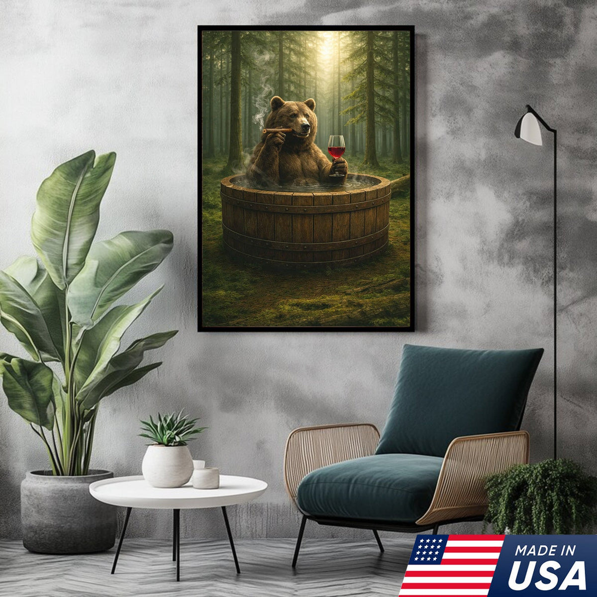 Relaxing Bear Forest Bath Canvas Wall Art, Whimsical Woodland Animal Illustration