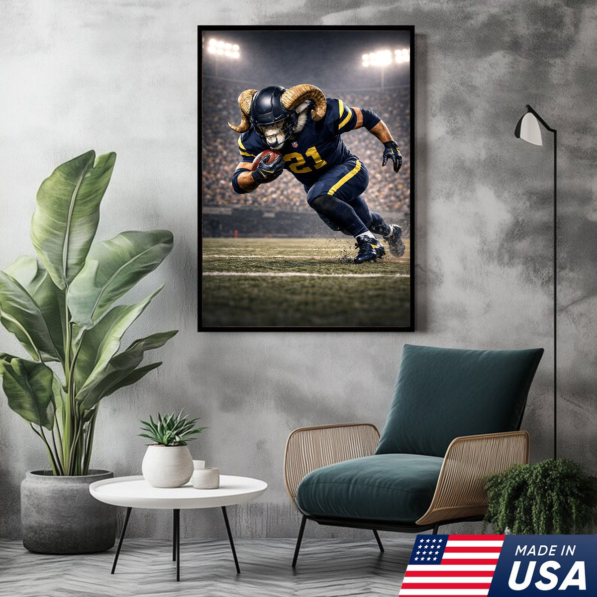 Mighty Ram Football Canvas Wall Art – Horned Athlete Stadium Action Print