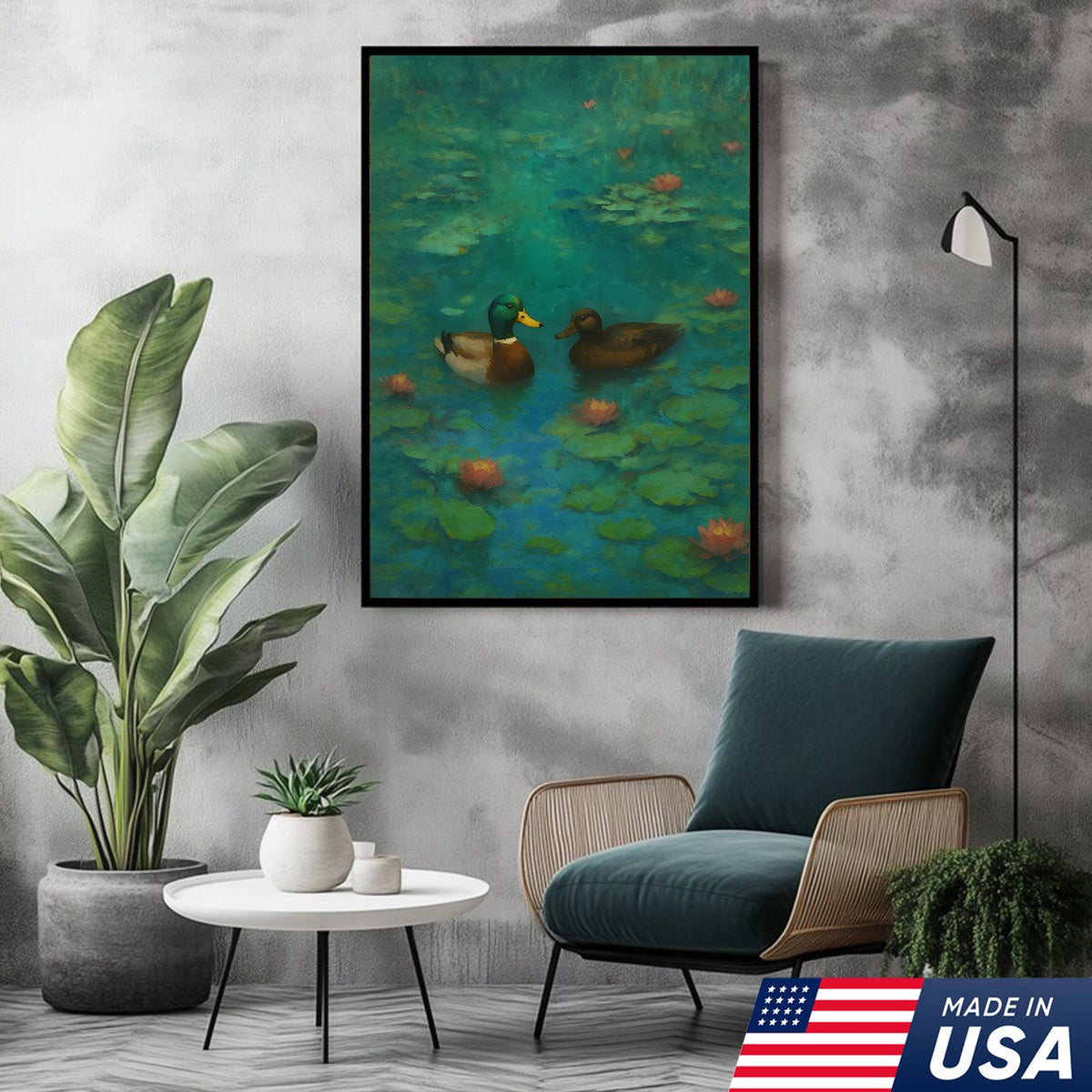 Romantic Mallard Duck Canvas Wall Art – Tranquil Pond & Water Lily Canvas