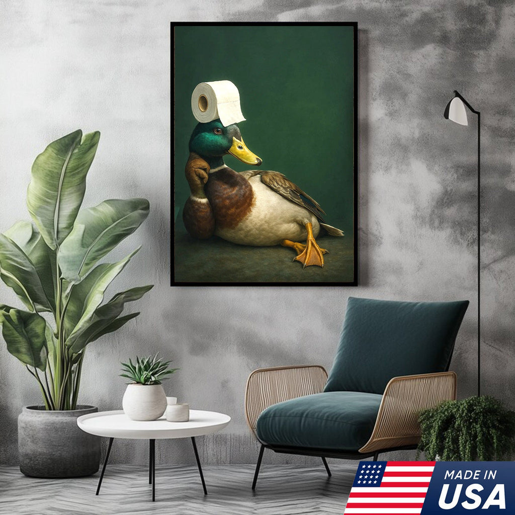 Funny Duck Bathroom Canvas Wall Art – Quirky Rustic Lodge Decor – Mallard Humor Gift Idea
