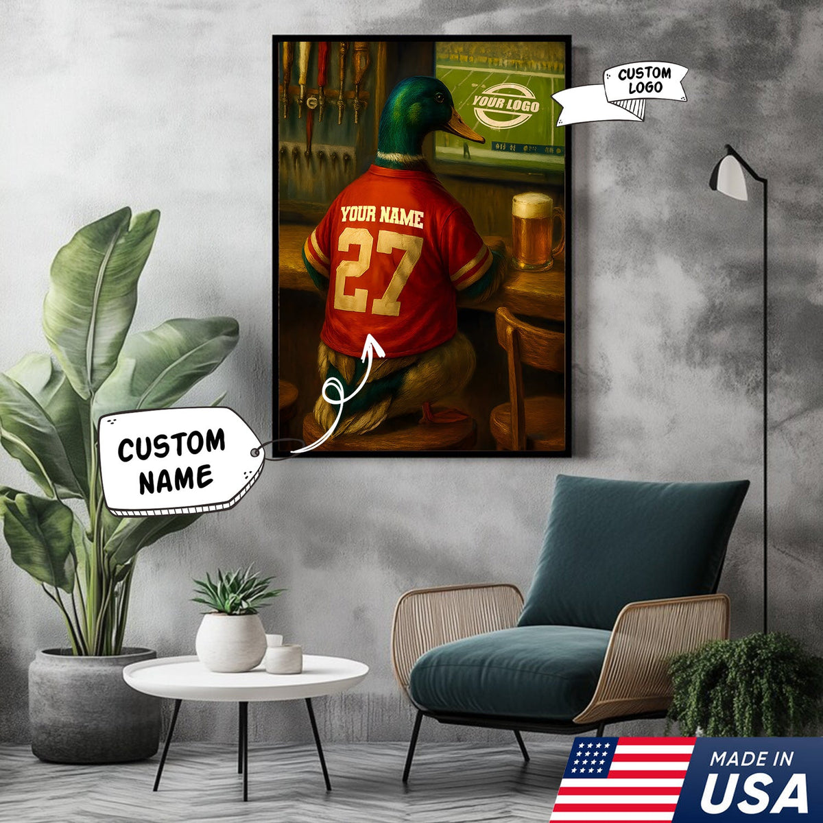 Custom Mallart Duck Football Canvas Wall Art – Personalized Duck Watching Sports Drinking Funny Sports Bar Decor