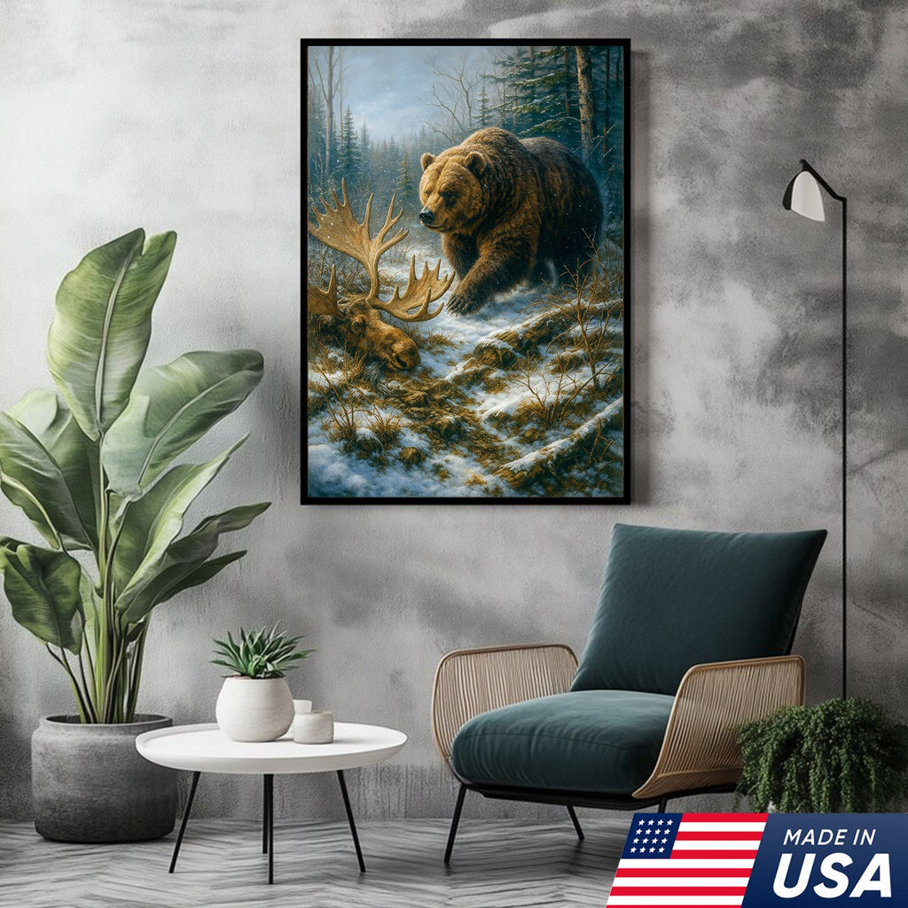 Grizzly Bear and Moose Wilderness Wall Art – Rustic Hunting Canvas for Cabin & Lodge Decor