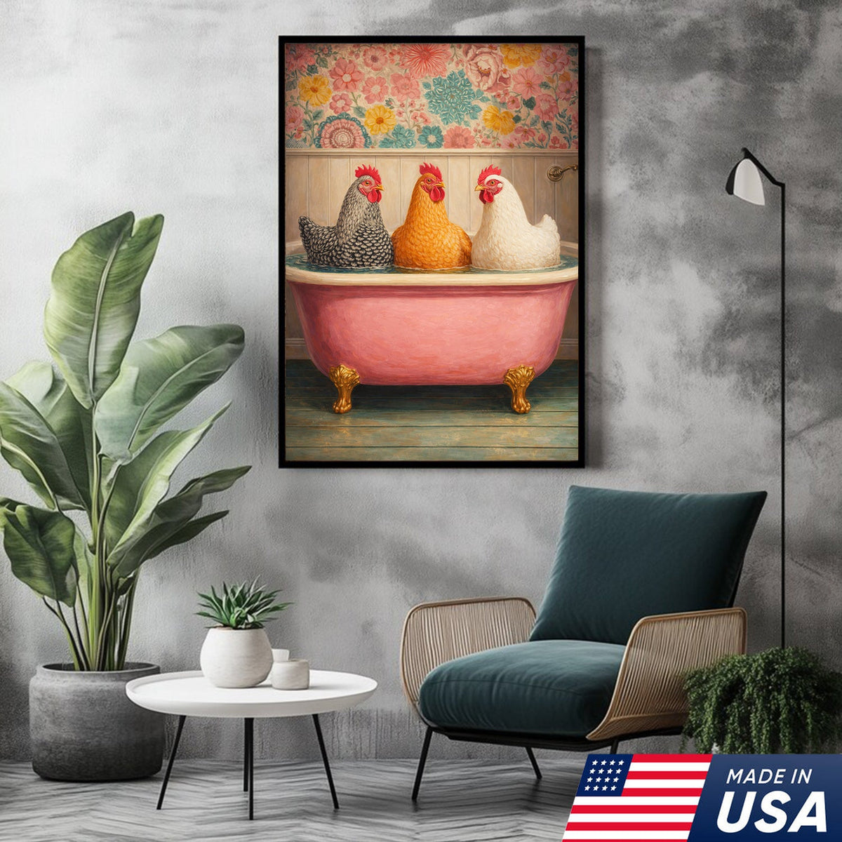 Funny Chicken Bathroom Canvas Wall Art – Chickens In Bathtub Painting