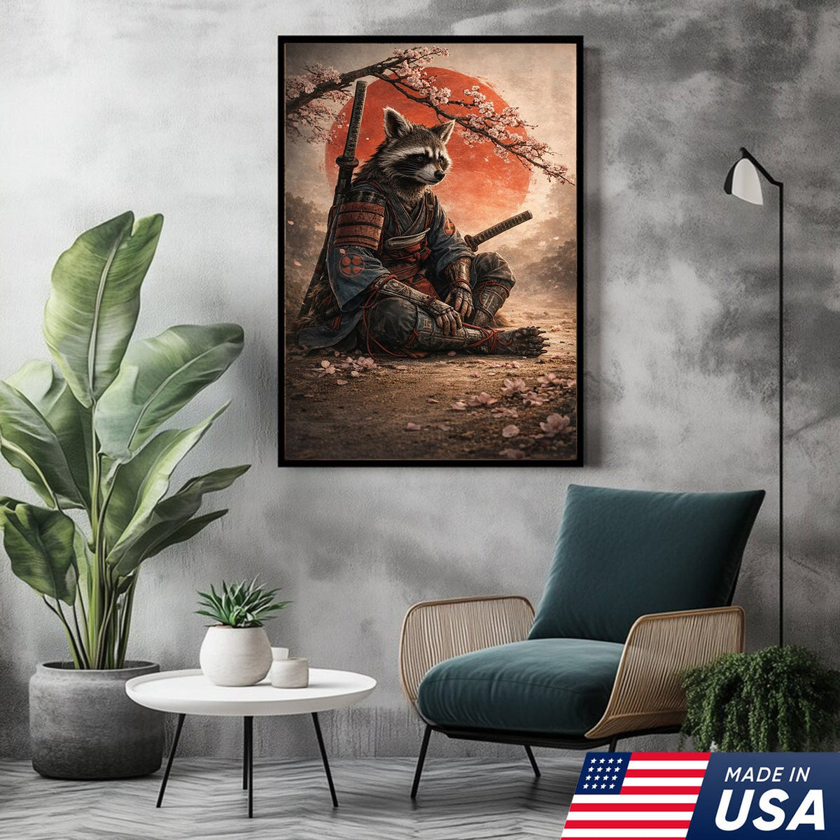 Samurai Raccoon Wall Art Canvas Print, Japanese Warrior Animal Illustration