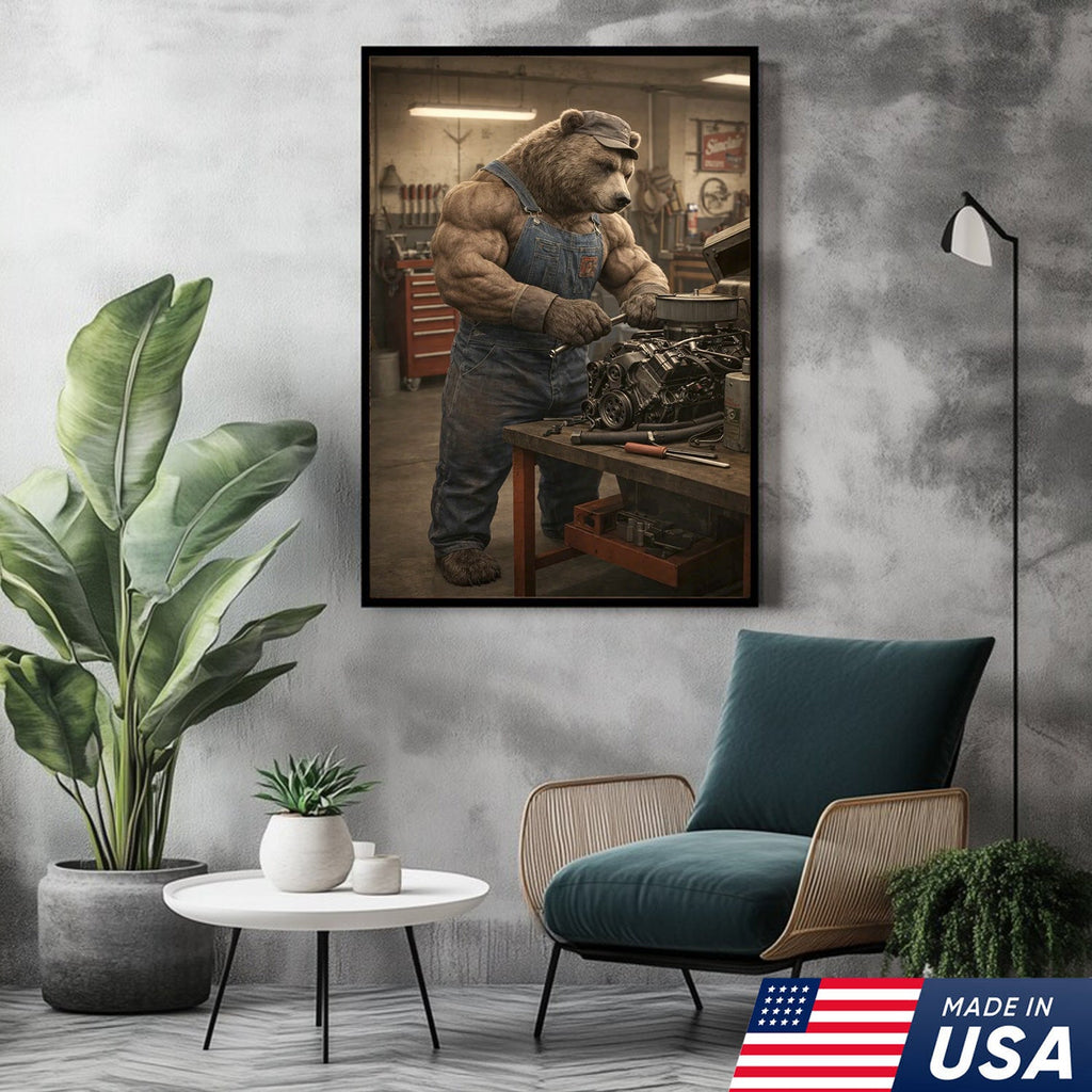 Muscular Bear Mechanic Canvas Wall Art – Realistic Animal Workshop Print
