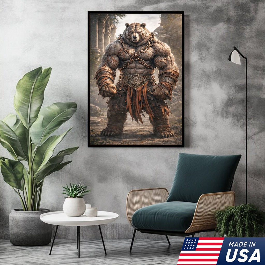 Epic Warrior Bear Canvas Wall Art – Fantasy Barbarian Animal Print