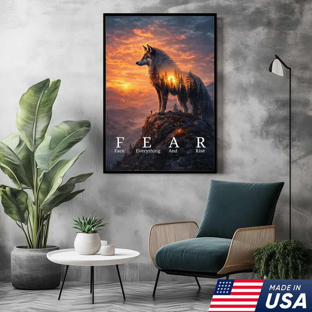 Fear Face Everything And Rise Wolf Canvas Wall Art, Inspirational Sunset Wolf Artwork